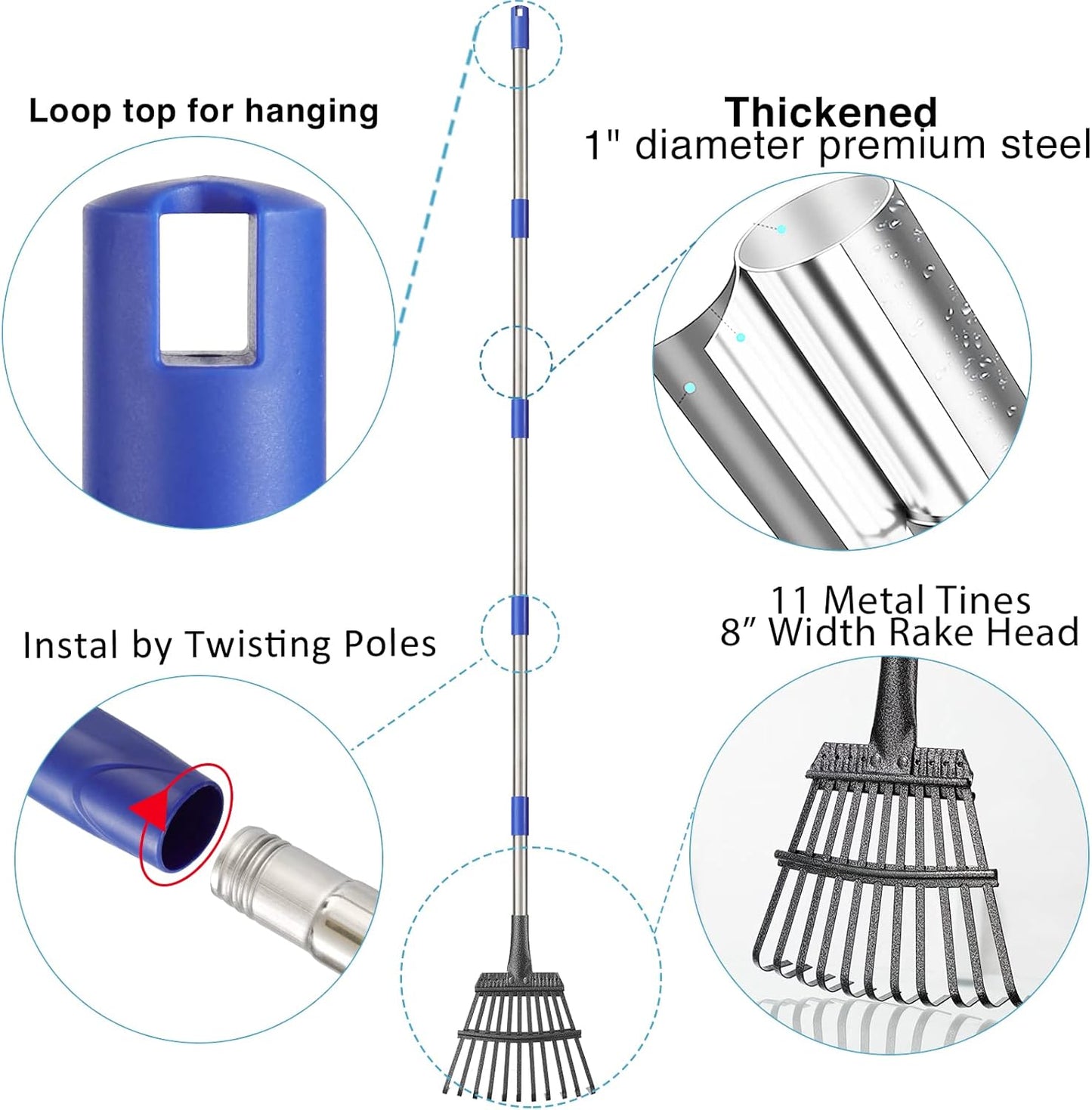 Small Graden Rake - 8 inch Width Metal Leaf Rake for Gardening, Yard, Flower Beds, Mulch, Shrub Long Handle, 6ft