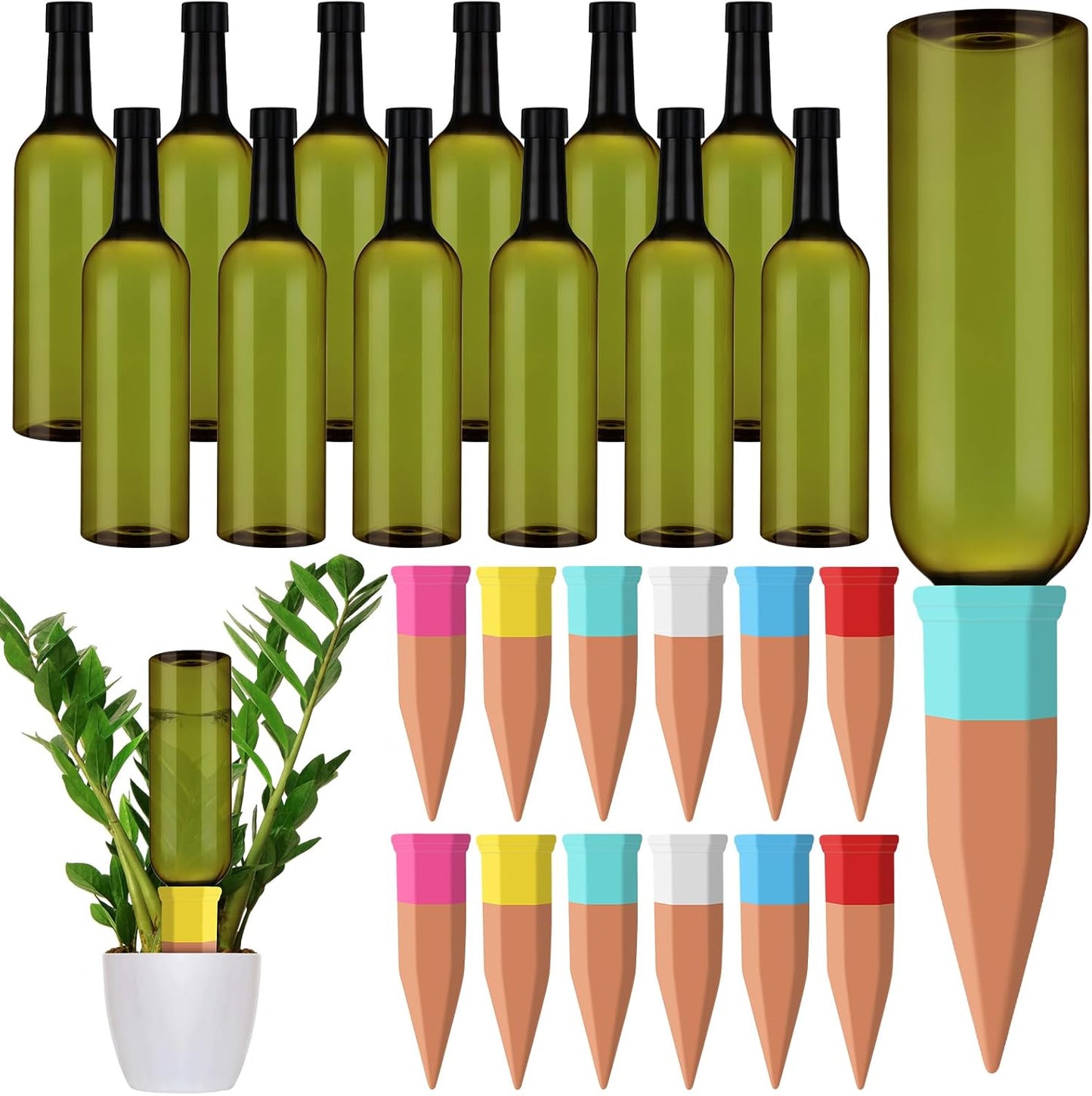 12 Set Plant Watering Devices Include Terracotta Self Watering Spikes and 26 oz Plastic Bottles, Slow Release Vacation Insert Automatic Plant Waterer Device (Green and Mixed Color)