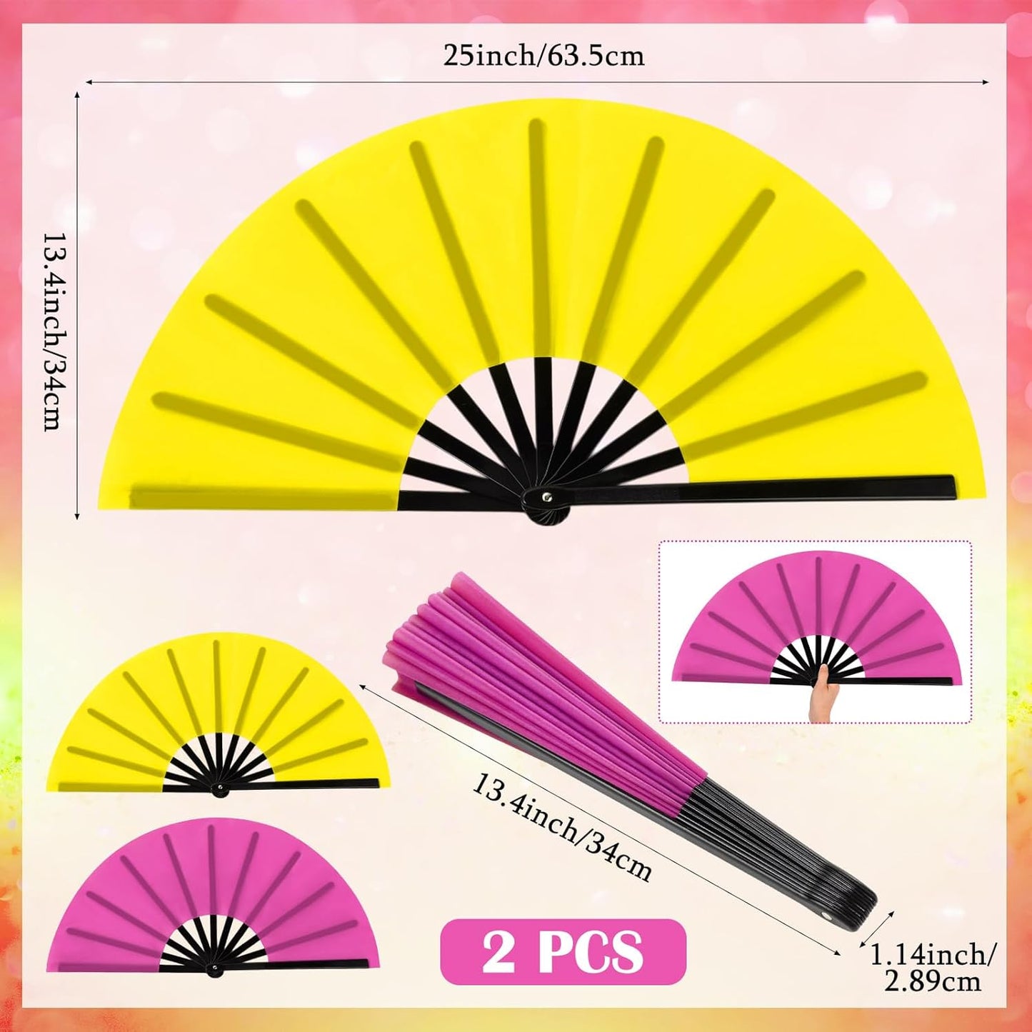 Maitys 2 Packs Large Clap Fans for Line Dancing Large Chinese Folding Hand Fans for Men and Women, Festival, Tai Ji, Kungfu, Martial Art, Gifts (Yellow and Rose Red)
