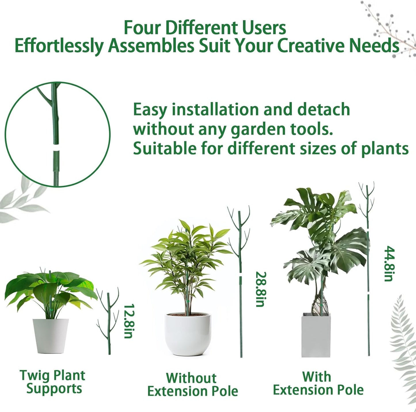 6 Pack Plant Support Plant Stakes for Indoor and Outdoor Plants, 28.8” Plant Sticks with Plant Clips Twist Tiers and Plant Tiers for House Potted Plants, Monstera Plant Support for Climbing Plants