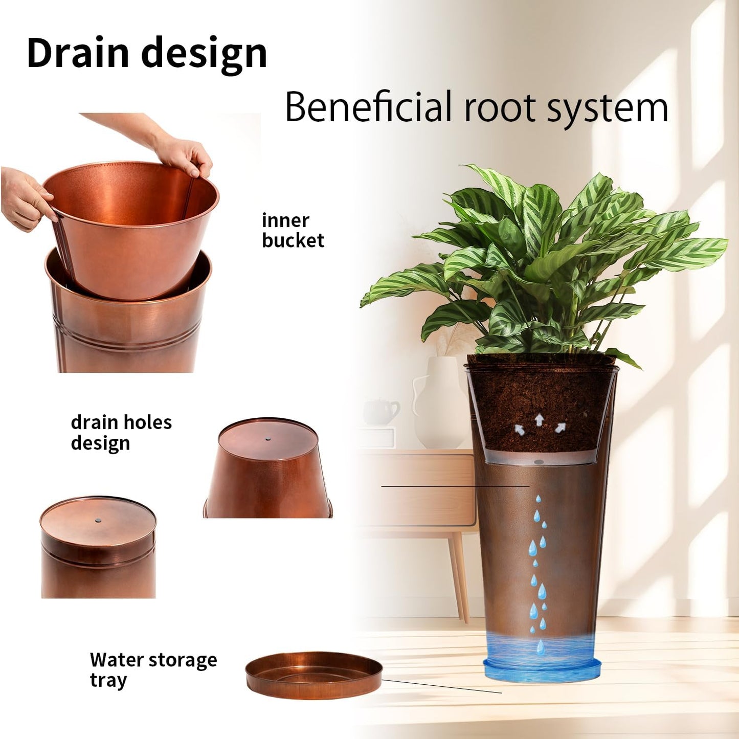 28in Tall Copper Planters Set of 2,Galvanized Steel Tall Outdoor Planter for porches/Indoor/terraces Patio- Copper Color(2planters,2inner pots with Holes, 2trays)