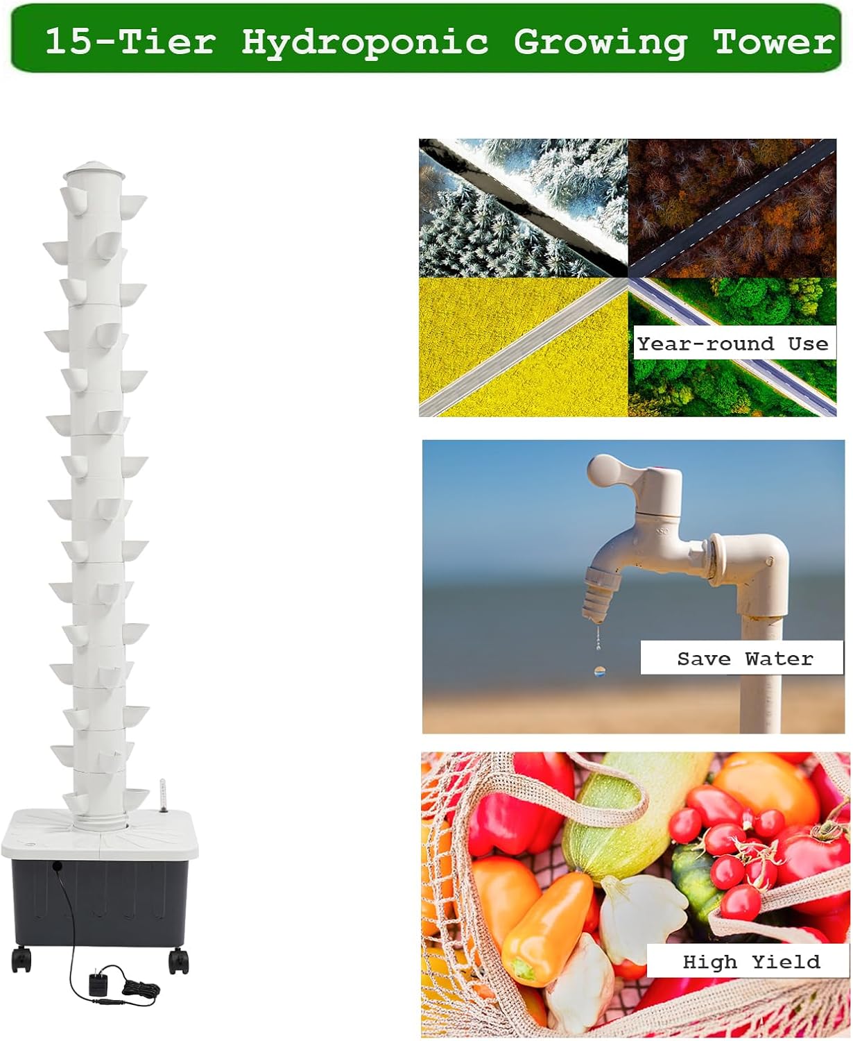 15-Tier Hydroponic Growing Tower, 45-Plant Vertical Garden Kit with Water Pump, Hydroponics Tower Growing System with 4 Wheels for Herbs, Vegetables, Strawberries (White)