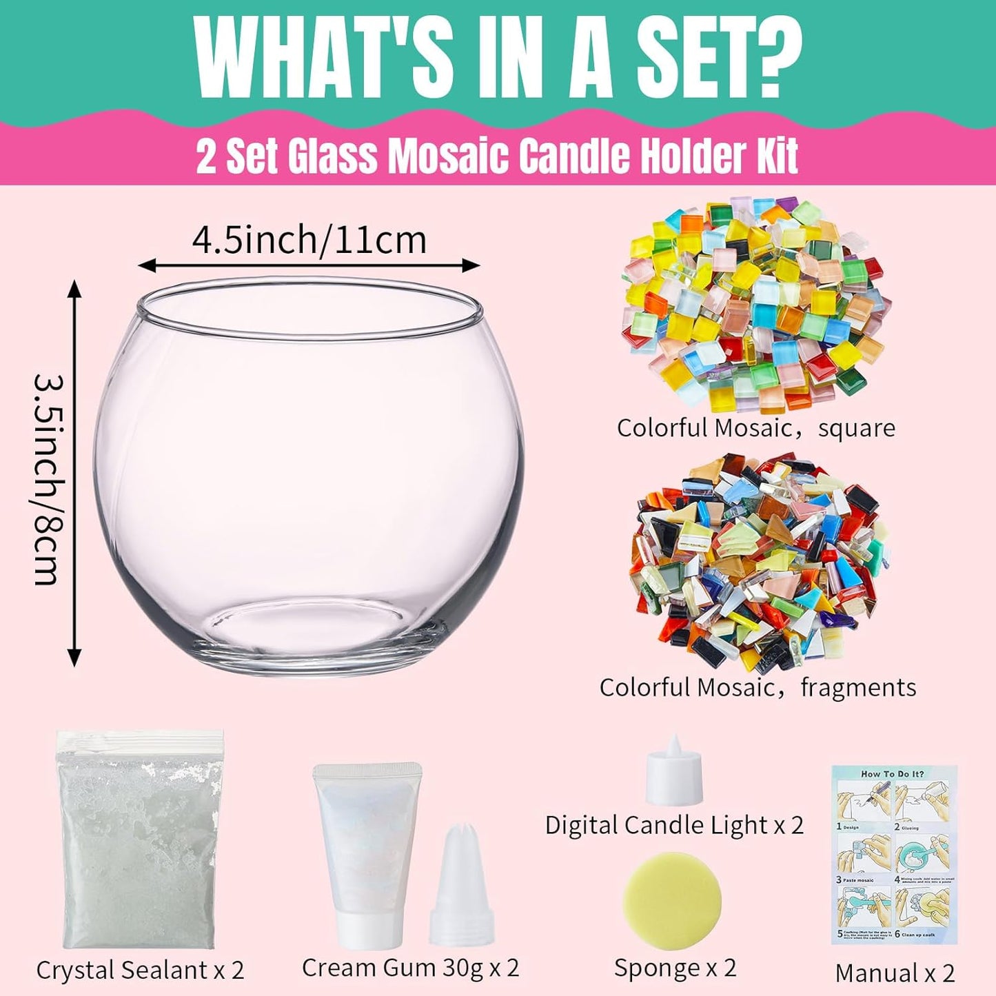 2 Set Glass Mosaic Candle Holder Kit Include Tea Light Holder, Glass Mosaic Tiles DIY Crafts Creativity Handmade Artwork for Adults Home Lighting Decor(Rainbow Theme)