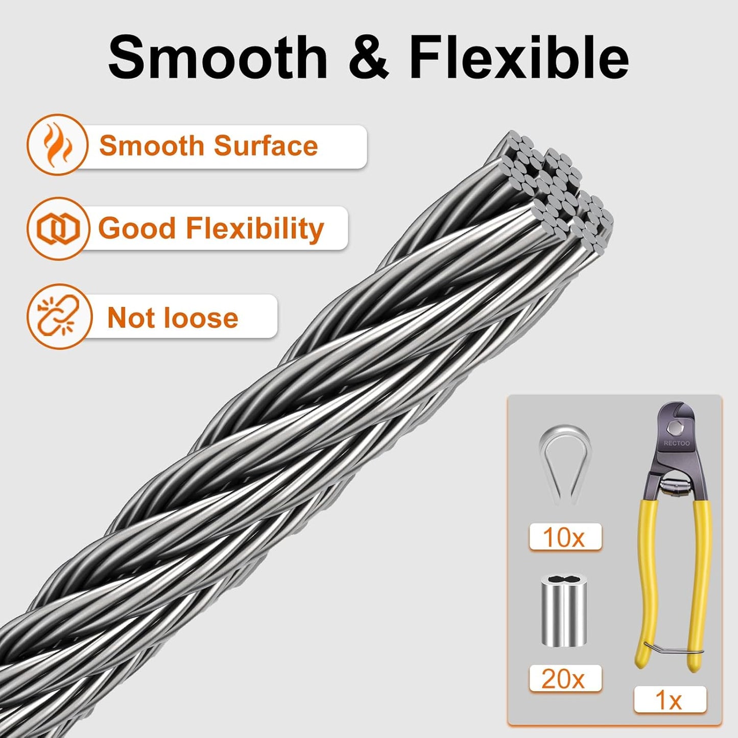 1/8" wire cable, 100ft Wire Rope Metal Cable With Loop Sleeve And Steel Thimble, Outdoor hanging kit, garden fence (SR03-1)