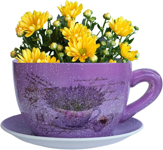 7.5” Round Ceramic Teacup Planter with Saucer – Purple Lavender Basket Design Pot for Succulents, Orchid, Herbs & Indoor/Outdoor Flowers for Birthday & Any Other Occasion