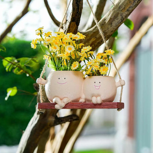 Hanging Planter Swinging Face Planters, Unique Head Flower Pots for Indoor Outdoor Plants, Cute Face Vase Funny Fence Wall Planter Succulent Pots