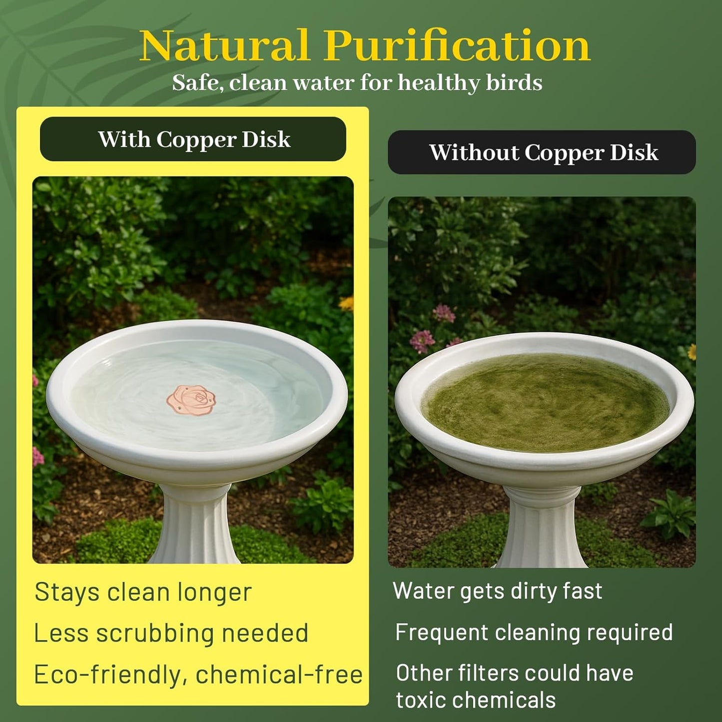 Bird Bath Copper Disk,Bird Bath Purification Disk 0.6mm Reinforced 99.99% Pure Copper Cleaning Disk with 3-Point Support,Fits Outdoor Birdbath & Bowl,Provide Safe Clean Water,Rose-2Pcs