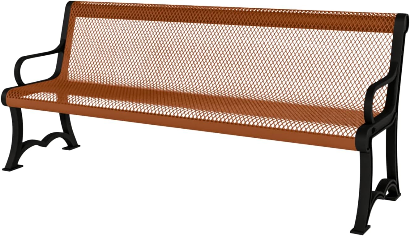 Heavy-Duty Outdoor Bench Thermoplastic Coated, Expanded Metal, Commercial-Grade Garden Bench, Made in America (Portable with Back, 4 Ft, Textured Copper)