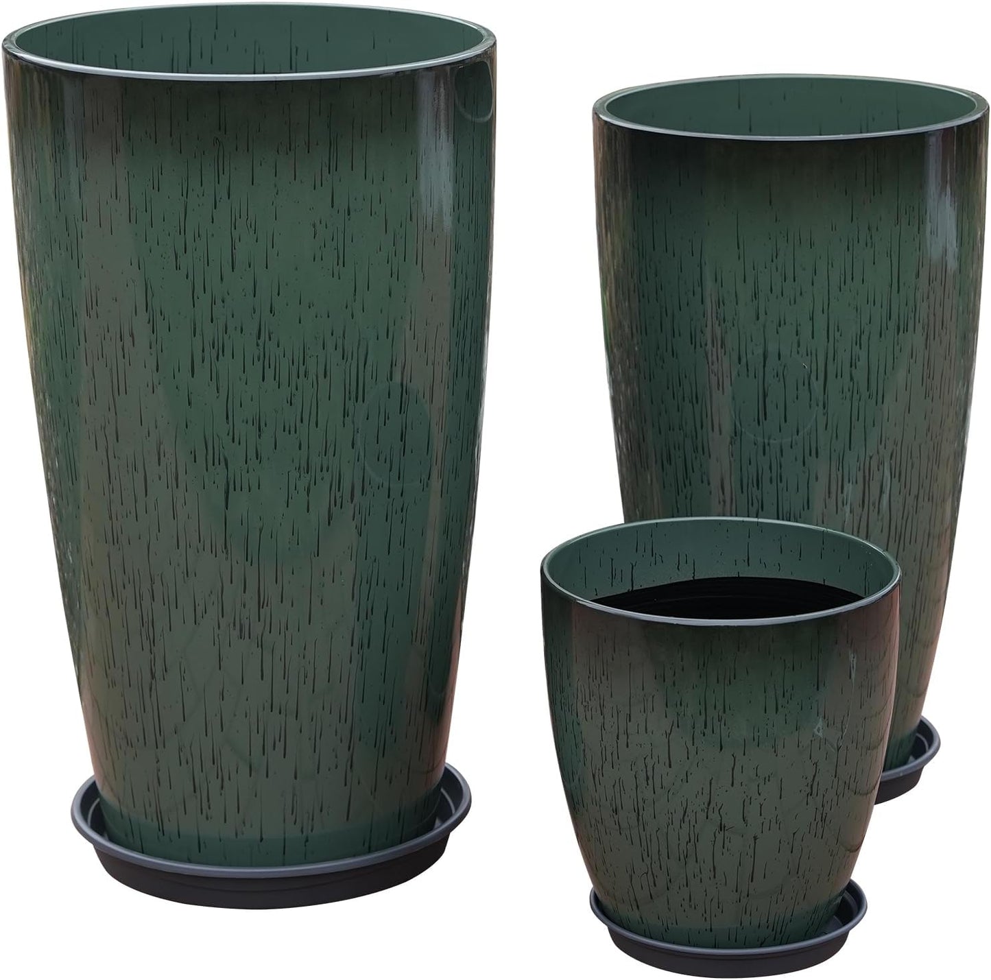 24,21,11 Inch Large Plastic Planters with Drainage Hole and Saucer - Set of 3 Tall Plant Pots Indoor Flower Pot Tall Round Planters Outdoor Large Tall Planter