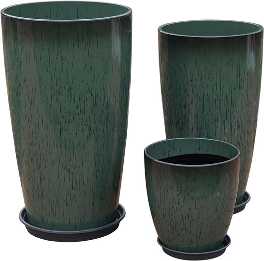 24,21,11 Inch Large Plastic Planters with Drainage Hole and Saucer - Set of 3 Tall Plant Pots Indoor Flower Pot Tall Round Planters Outdoor Large Tall Planter