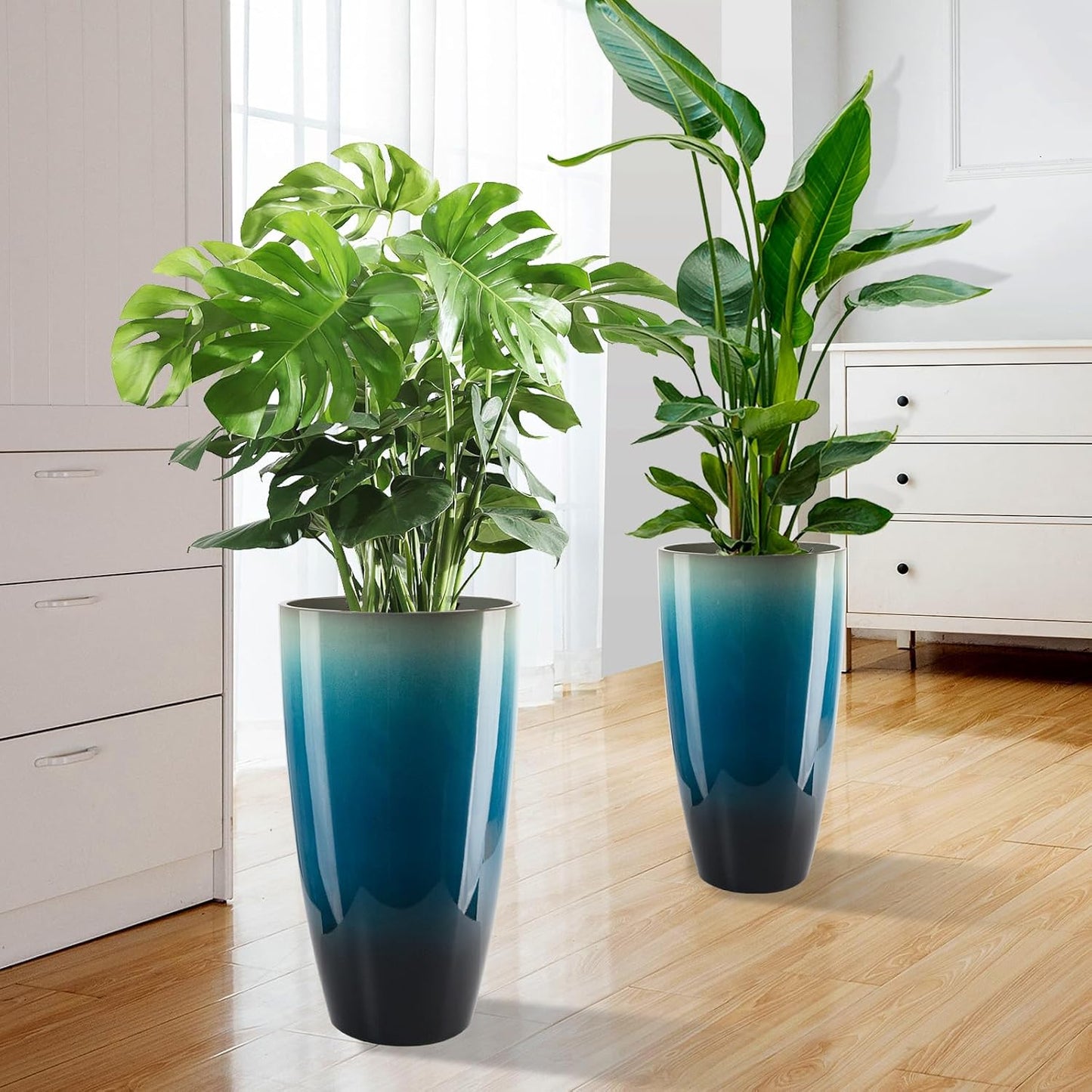 21 inch Tall Planter, Set of 2 Tall Indoor Outdoor Planters for Porch Large Planter Pot with Drainage Hole for Home Garden Front Door (Gradient Blue)