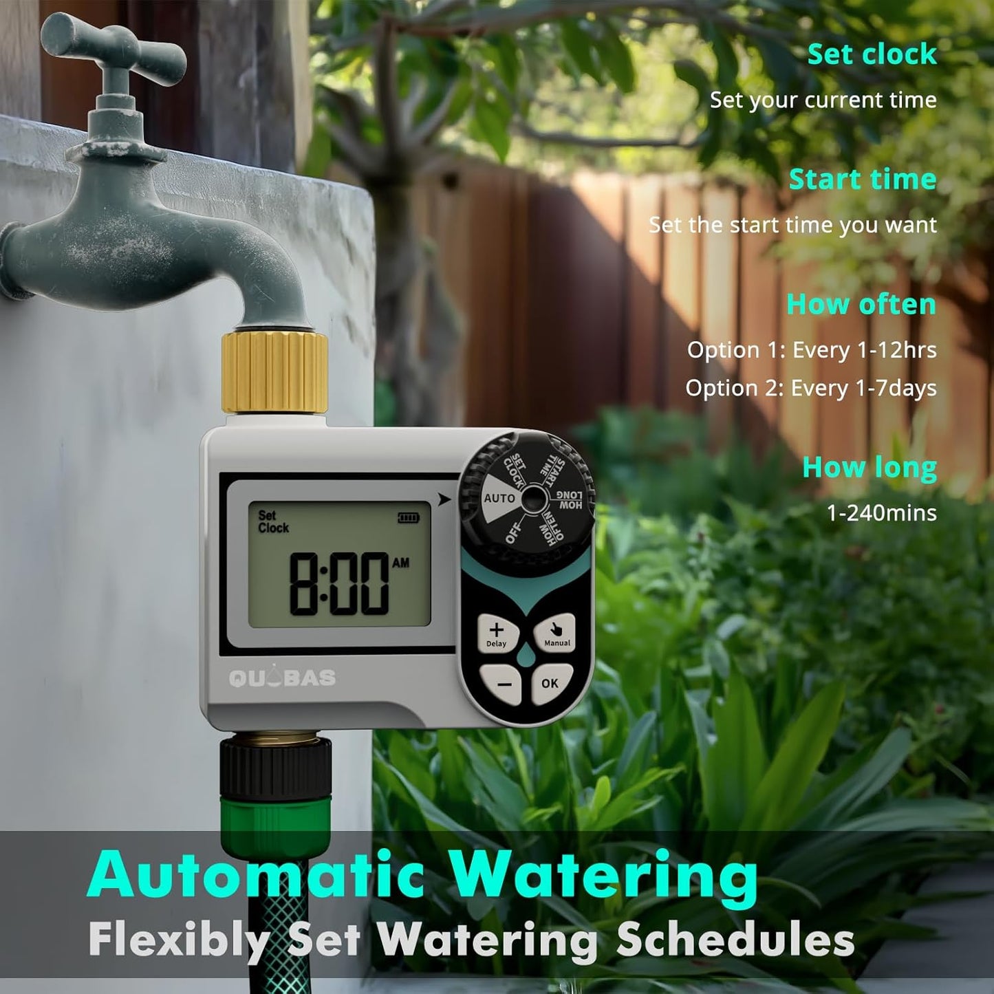 [2 Pack] QUOBAS Low Pressure Water Timer for Garden Hose, Automatic Sprinkler Timer with Brass Inlet & Outlet, Rain Delay/Manual Watering/Automatic Watering System for Yard, Lawn, and Rain Barrel