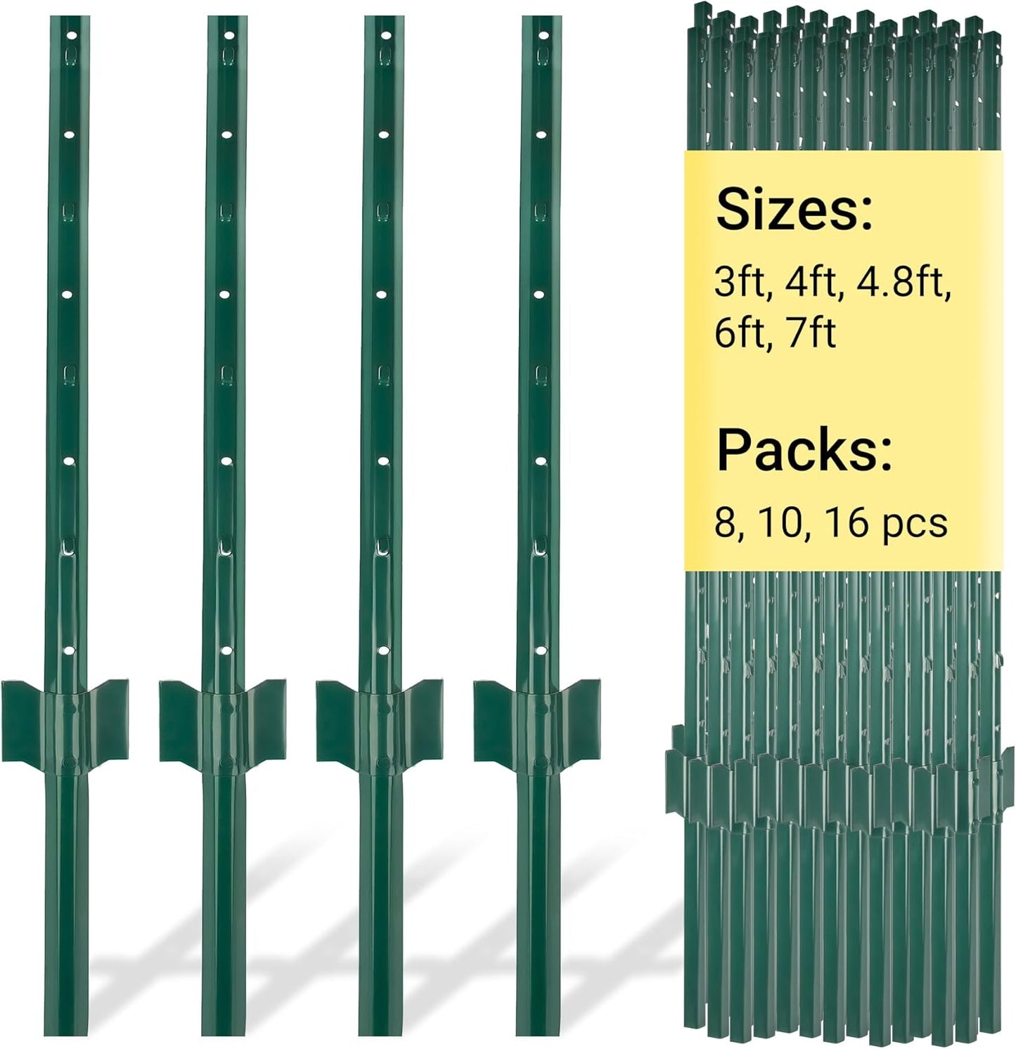 Fence Posts 3 Ft - 8 Pack, Heavy Duty Metal Fence Post, No Dig U Post for Farm, Garden, Orchard and Outdoor Wire Fencing (Green)