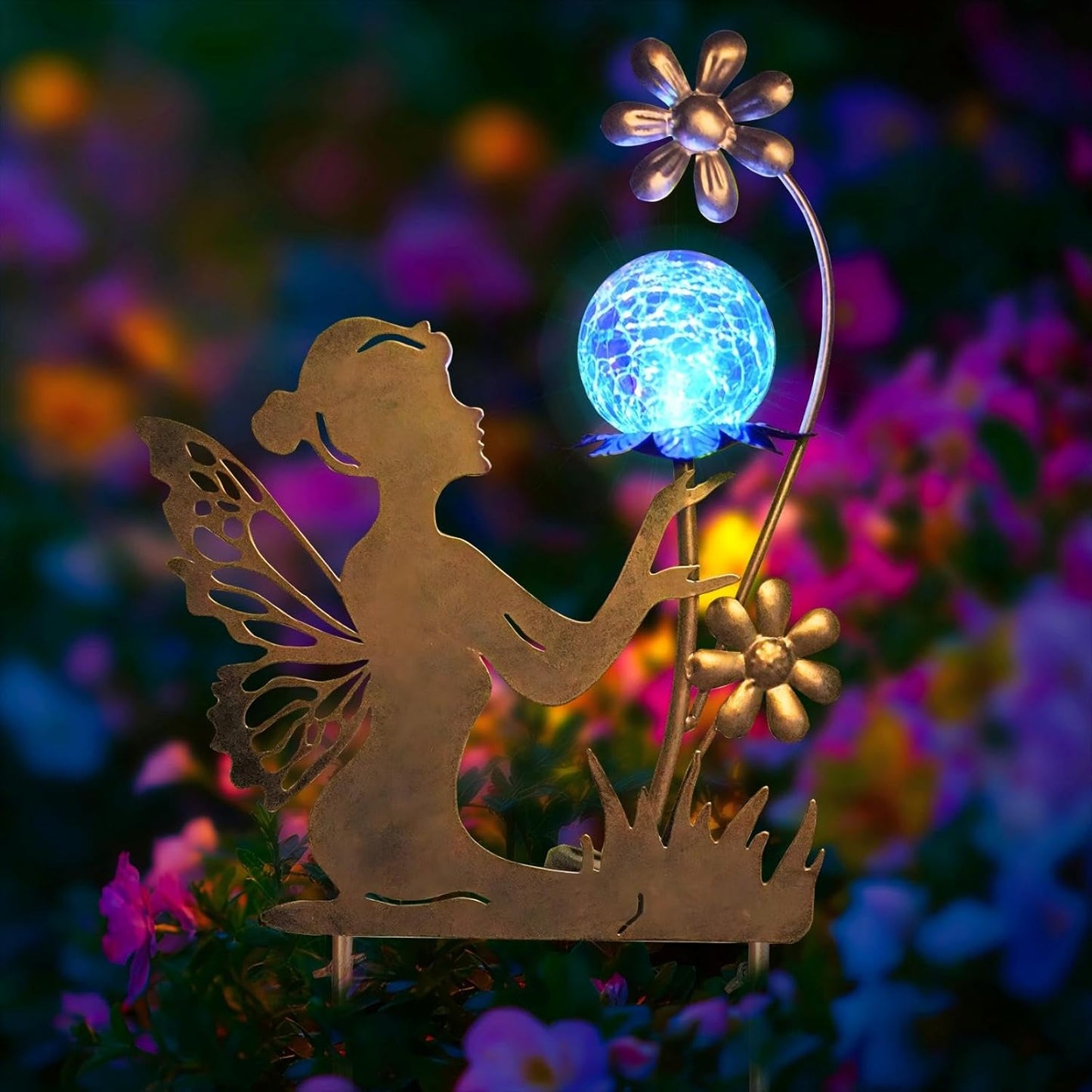 HONGLAND Fairy Garden Accesorries Solar Lights Garden Decor for Outside, Fairy Figurine Moon Lights Stake Housewarming Gifts for Patio Lawn Yard Pathway- Unique Gardening Gifts for Women Mom Grandma