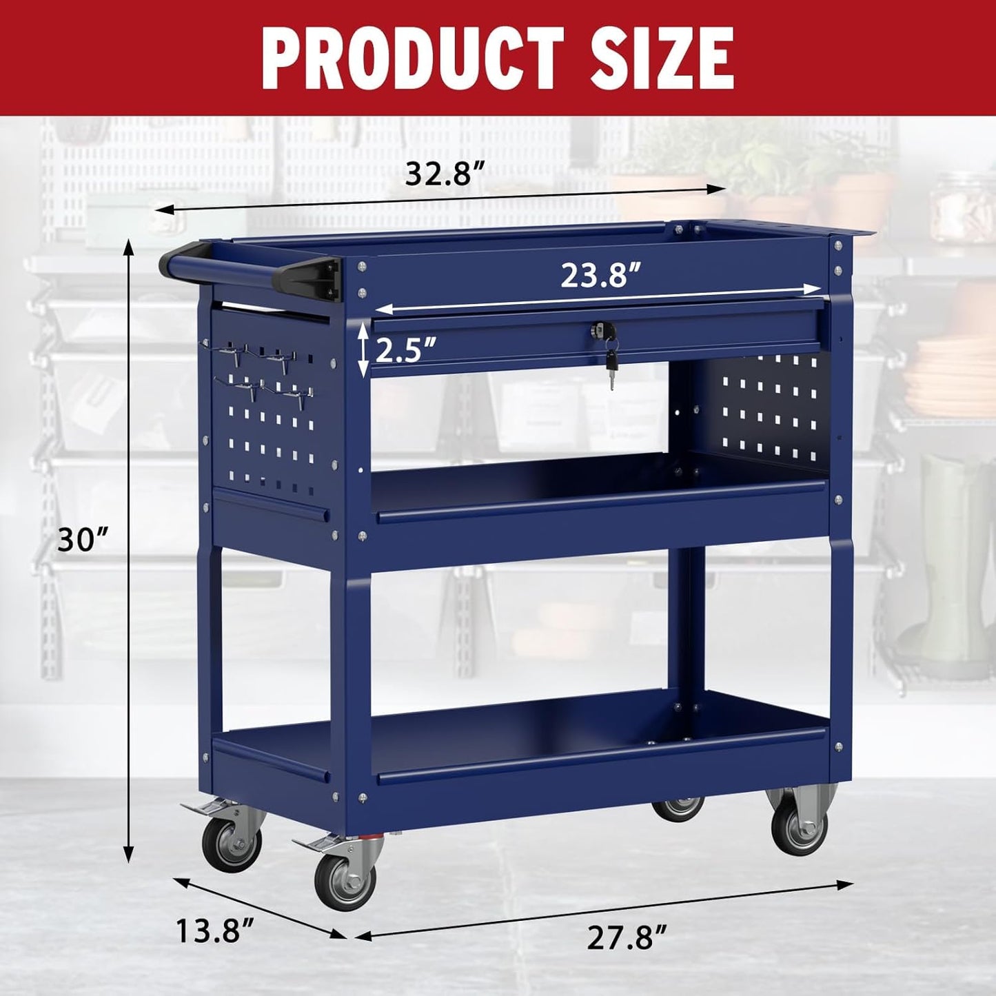 3 Tier Rolling Tool Cart, Heavy Duty Tool Cart on Wheels, Metal Utility Cart with Locked Drawers, Ideal for Garage, Warehouse and Repair Shop (Dark Blue)