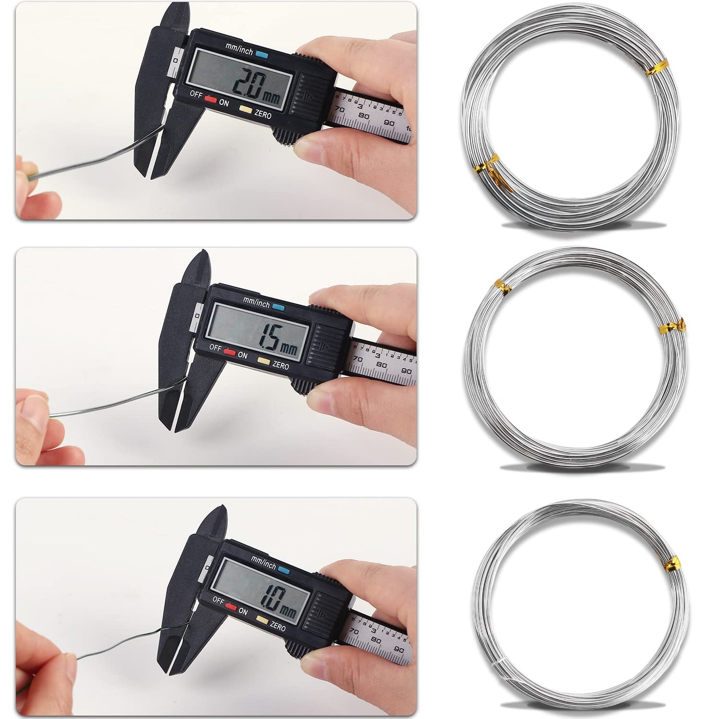 Sanlykate Bonsai Wire Tool Kit with Cutter, 3 Roll Tree Training Wires 98 Feet Total, 1.0mm, 1.5mm, 2.0mm Anodized Aluminum Wire Set, Hold Plant Branches Trunks - Silver