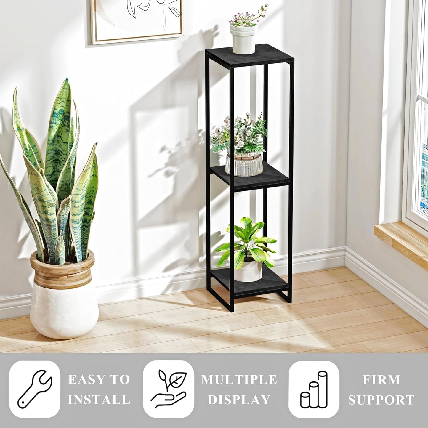 46" Tall Plant Stand Indoor, 3-Tier Modern Plant Shelf, Corner Flower Pot Holder Organizer for Living Room Balcony Patio Garden (Black)