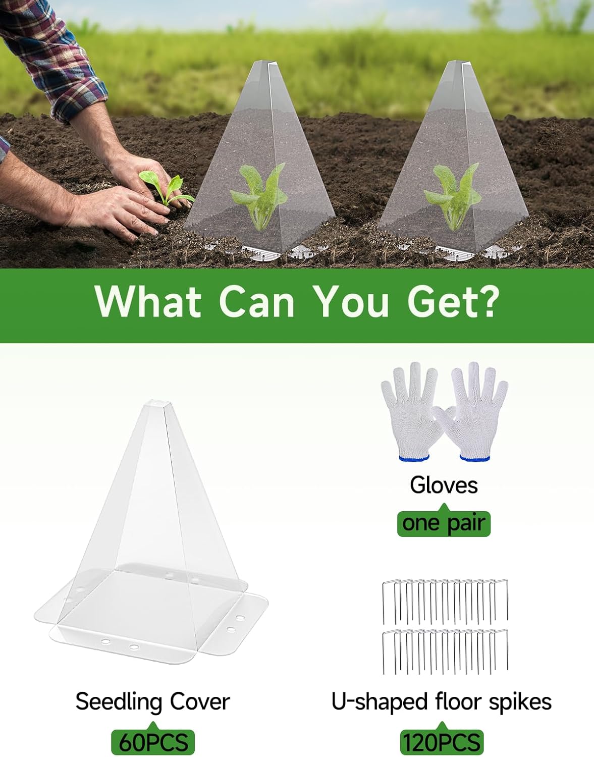 60 Pack Garden Cloches for Plants - Clear Reusable Plastic Seedling Covers with 120 Metal Stakes - Mini Greenhouse Plant Bell Covers for Frost, Sun, Pests Protection(7.8" x 11")