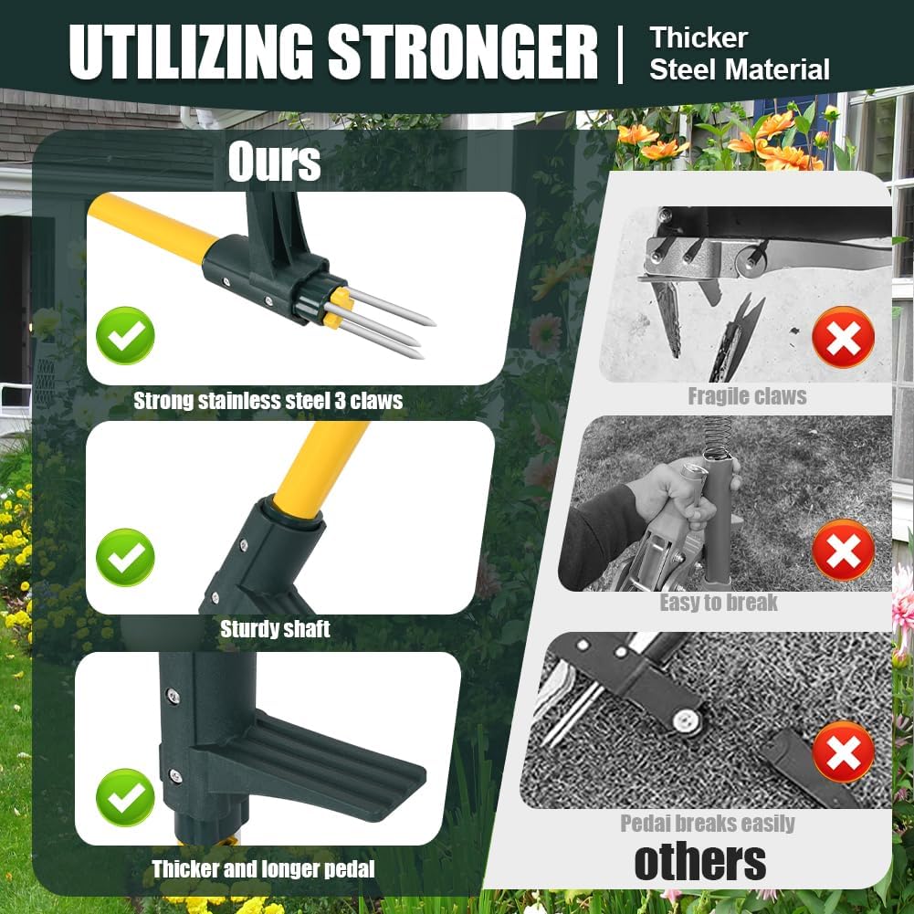 Weed Puller Tool, 50IN Long Handle 3 Claws Stand Up Weeder, Extra Thickened Stainless Steel Shaft Garden Weeding Tool,Remove the Roots of Thistles, Crabgrass, Dandelions, and Blackberries, etc.