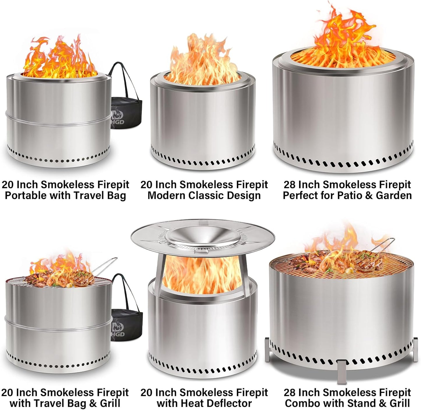HGD 20 inch Smokeless Firepit Outdoor, Portable Smokeless Fire Pit for Camping with Travel Bag, Stainless Steel Wood Burning Stove for Backyard & Patio, Easy Setup & Compact Storage