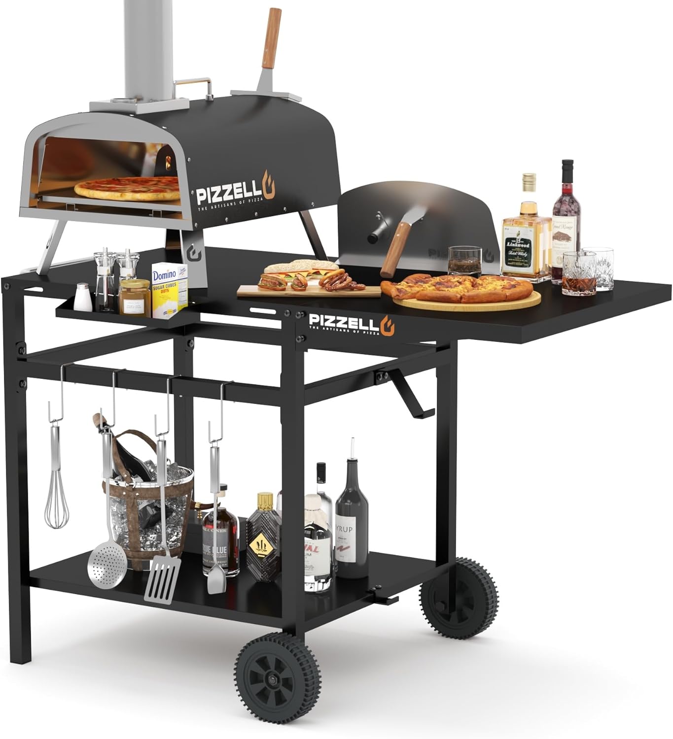 Outdoor Grill Table 44" x 26" Movable Pizza Oven Stand Foldable Double-Shelf Grill Cart Fit for 12/16inch Oven Ooni Ninja Woodfire Blackstone