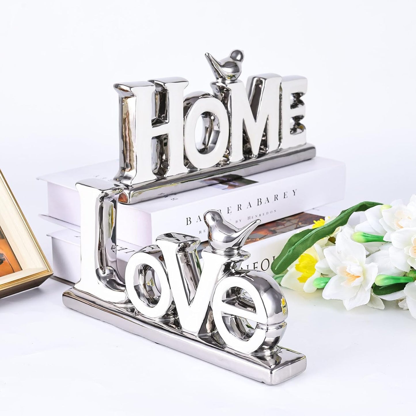 Love Sign Decoration,White and Silver Love Signs for Home Decor Statue,Bird Sculpture Personalized Love Decor,Chrome Style Figurine Decorative Ornaments for Living Room,Bedroom (2 Pcs, White+Silver)