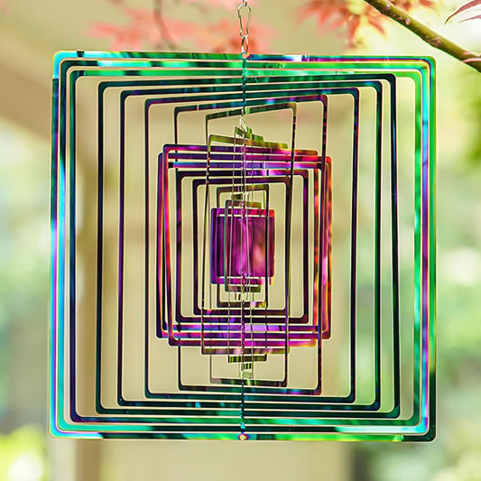 Wind Spinners Outdoor, 3D Maze, Square, Gradient Multicolor, 10 inches Stainless Steel Metal, Hanging Wind Spinners, Garden, Yard Décor, Outside, Gifts for Women Mom Wife