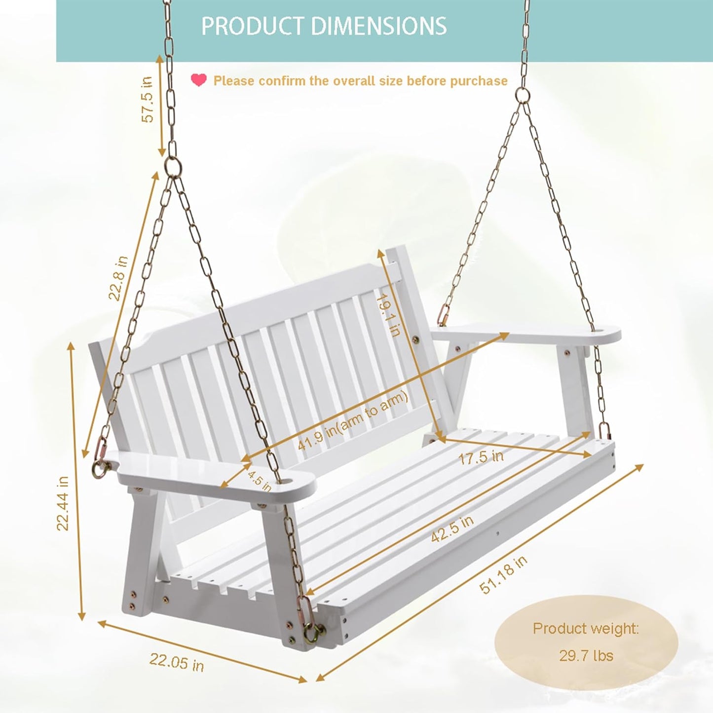 Anraja Wooden Porch Swing 2-Seater, Bench Swing with Hanging Chains, Heavy Duty 800 LBS, for Outdoor Patio Garden Yard, 4 Ft, White