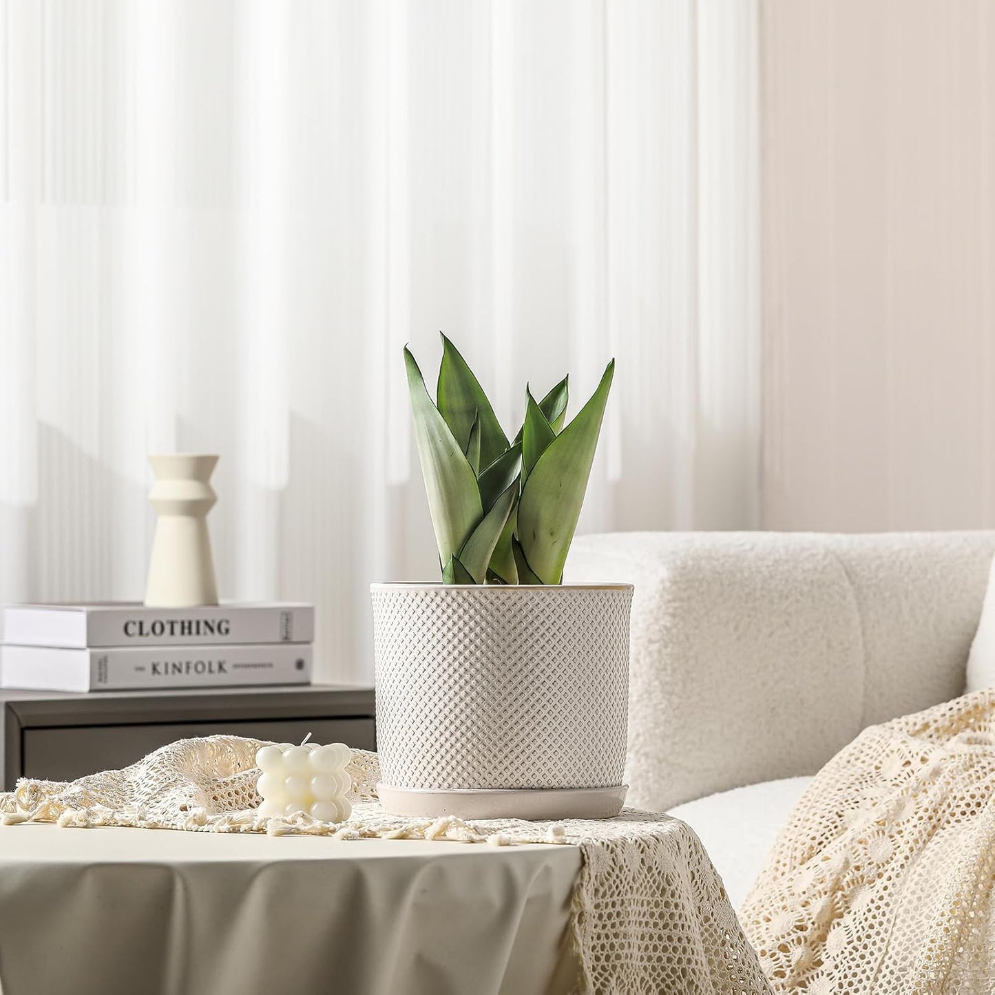 8 Inch Plant Pots: Ceramic Planter with Drainage Hole & Saucer - Flowerpot for Indoor & Outdoor Plants - Beaded Embossed Design White - with Separate Tray