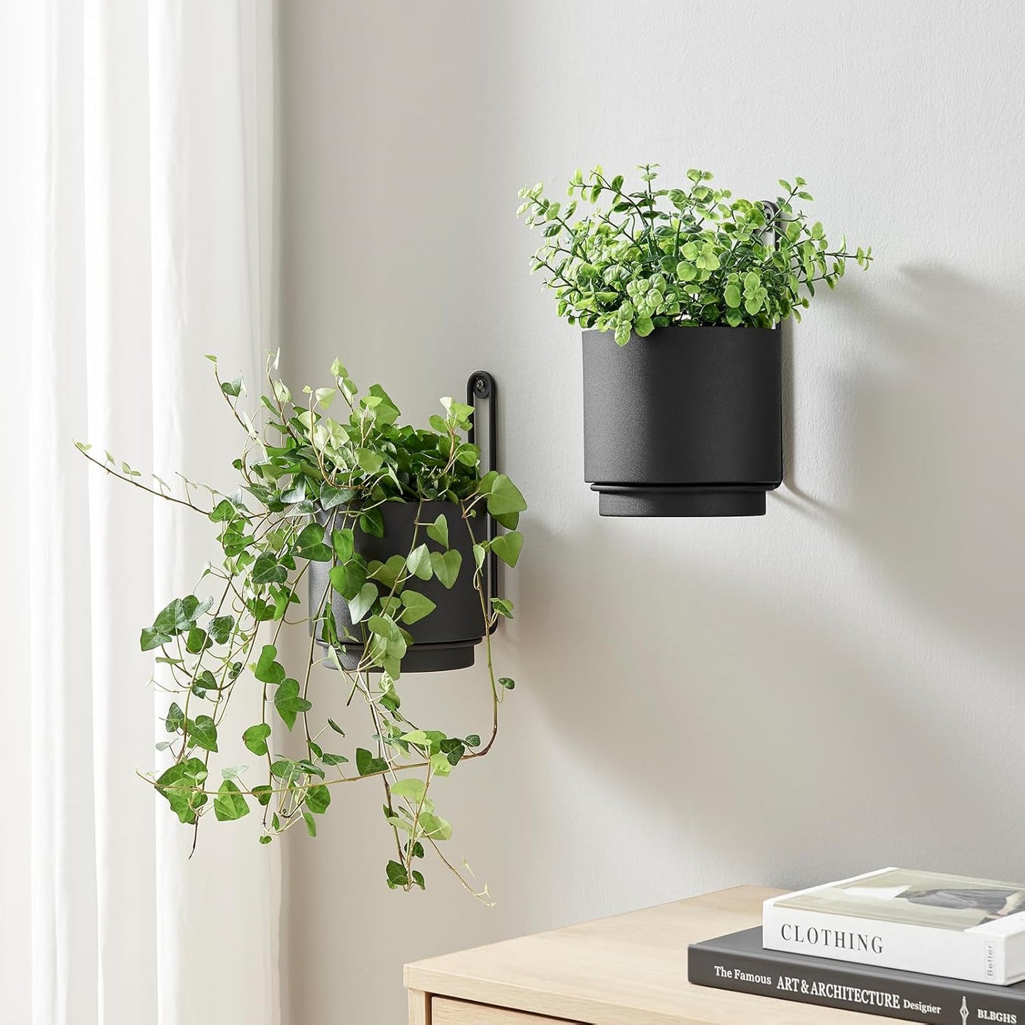 2 Pcs Wall Mounted Hanging Planter Vase for Indoor and Outdoor Plants Modern Metal Wall and Ceiling Planter Minimalist Flower Pot (Black, 5.91 inch)