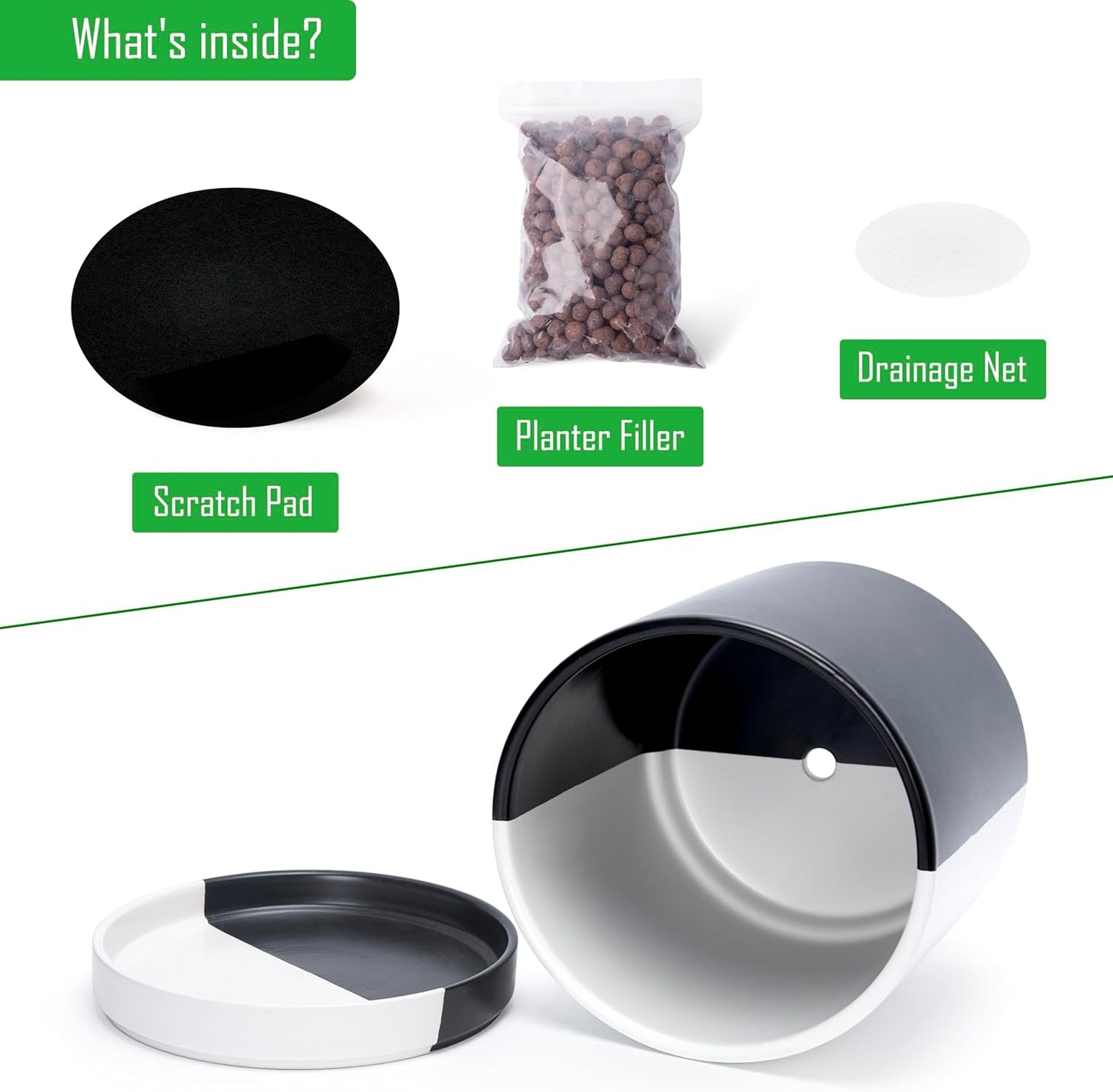 D'vine Dev 10 Inch Ceramic Planter Pot with Drainage Hole and Saucer, Indoor Cylinder Round Planter Pot, Split Monochrome Black & White, 94-O-E-0