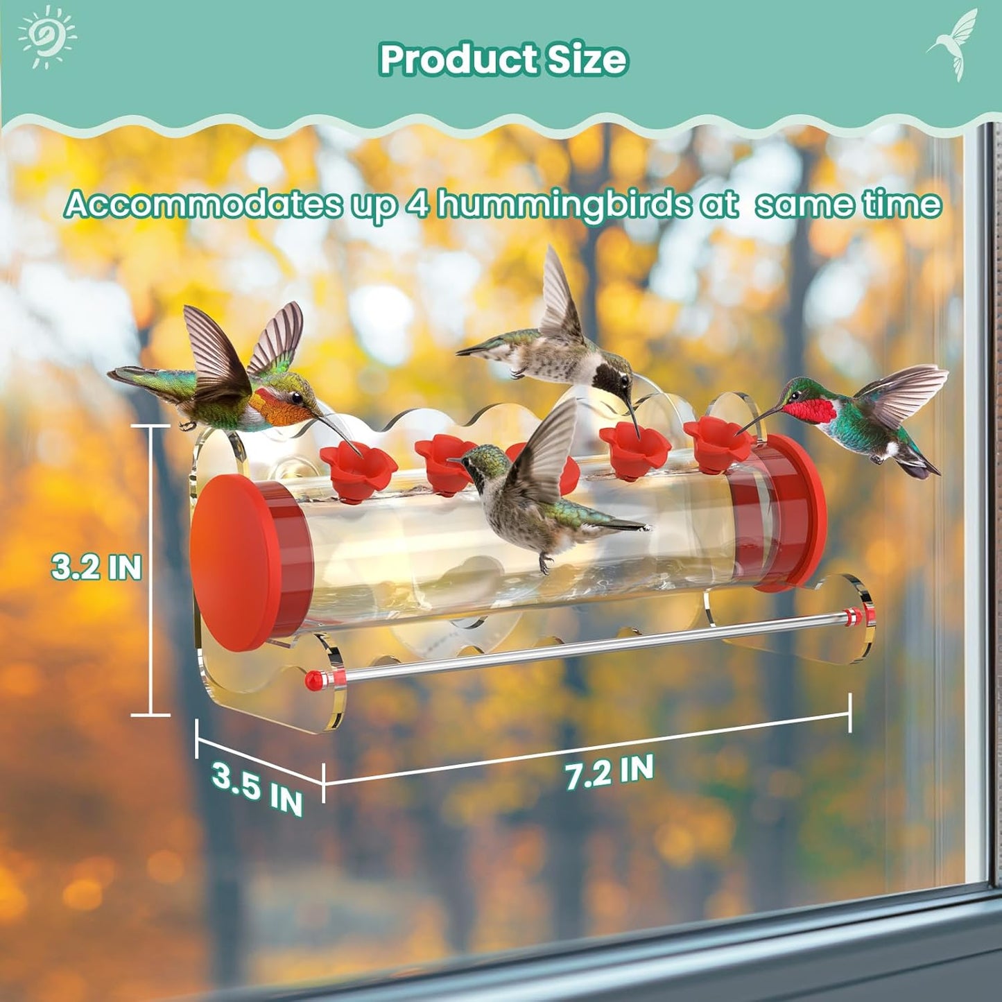 Window Hummingbird Feeder 10oz,4 Feeding Ports with Leak-Proof Design & Ultra Strong Suction Cups,Durable Plastic Bird Feeder Easy to Clean Refill, Outdoor/Indoor Use (Red Flower Top)