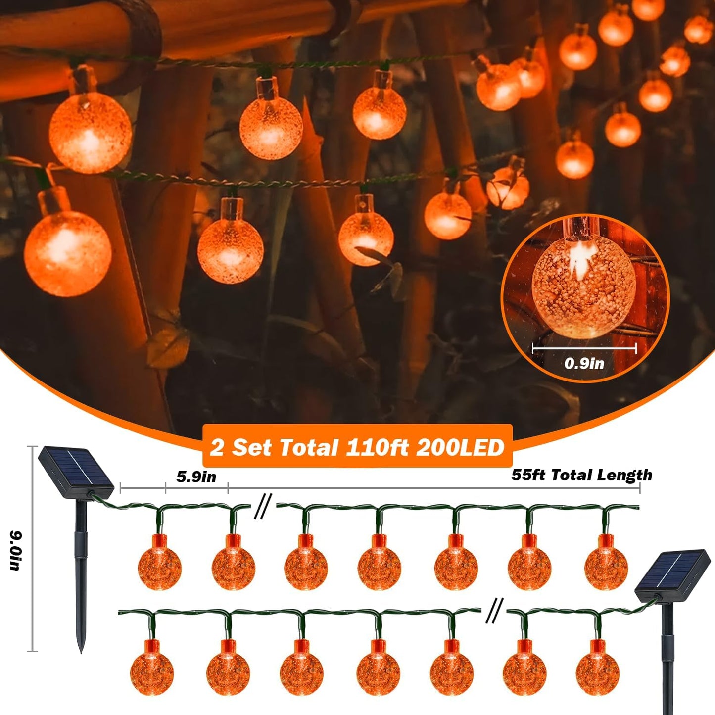 Solar Lights Outdoor Waterproof, 2 Pack Total 200LED 110FT Solar String Lights for Outside with 8 Modes, Outdoor String Lights Crystal Globe Patio Lights for Garden Yard Party Decor(Orange)