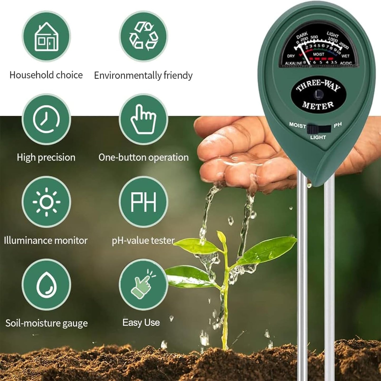2 Pack Soil Tester, 3-in-1 Plant Moisture Meter Light and PH Tester Garden Lawn Farm, Indoor and Outdoor Use, Soil Test Kit Acidity Water