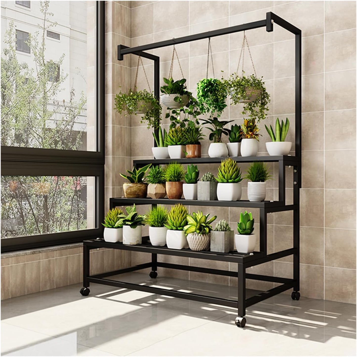 3 Tier Large Metal Plant Stand, with Hanging Tall Plant pot shelf, with Rollers Heavy Duty Plant Holder, for Home/Garden/living room/balcony (BLACK, 31.5IN)