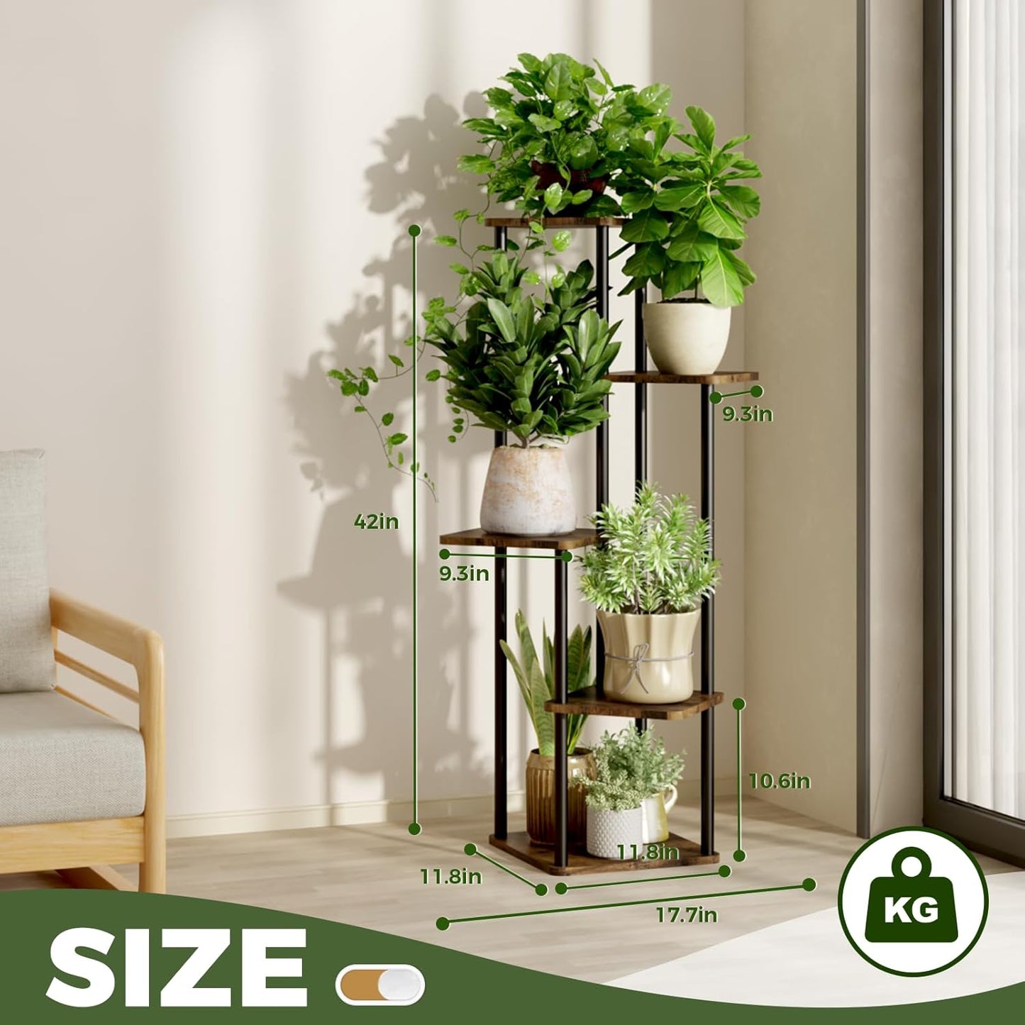 5 Tiered Plant Stand Indoor Corner Plant Shelf for Multiple Plants for Patio Garden Balcony Living Room Bedroom, Tall Metal Flower Pots Stand Relaxing for Women Gift Brown Oak