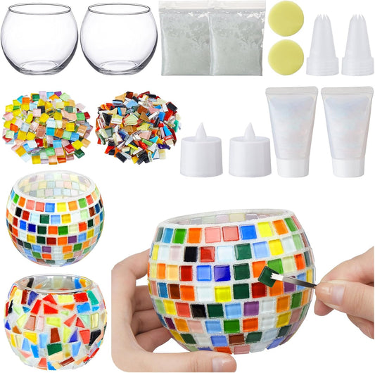 2 Set Glass Mosaic Candle Holder Kit Include Tea Light Holder, Glass Mosaic Tiles DIY Crafts Creativity Handmade Artwork for Adults Home Lighting Decor(Rainbow Theme)