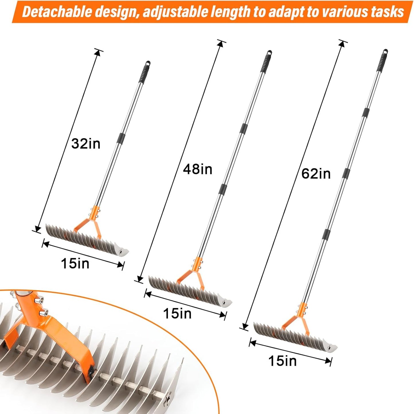 62" Adjustable Thatch Rake - 19-Tine Lawn Dethatcher with Nickel Steel Tines, Heavy Duty Ergonomic Handle for Spring Lawn Care, Soil Aeration & Yard Cleanup&Turf Renovation (Silver)