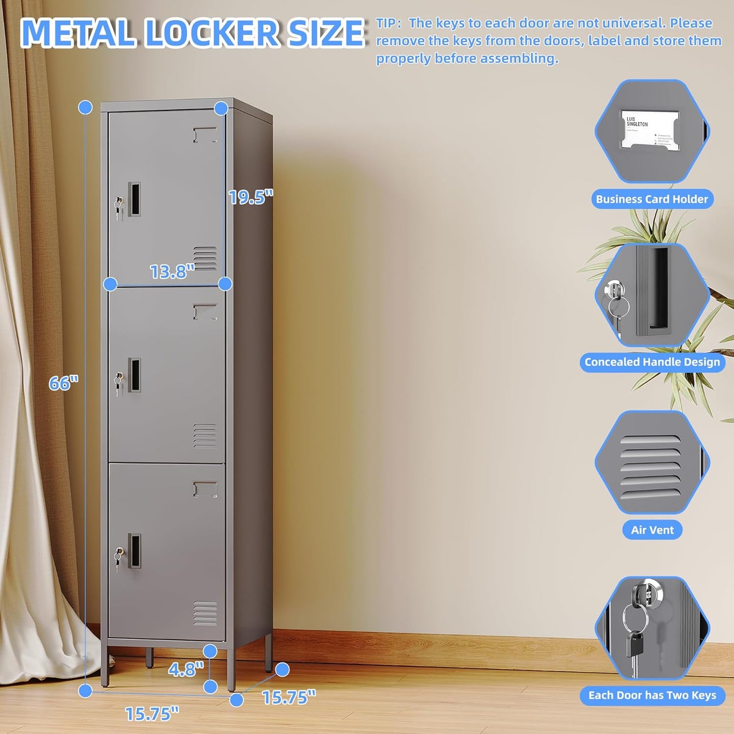 66" H*15.75" D*15.75" W Steel Storage Cabinet,3 Doors Metal Storage Locker for Employees,Employee Lockers with Lock,Hooks and Card Slot for School Gym Home Office, Assembly Required,Dark Grey,240 LBS