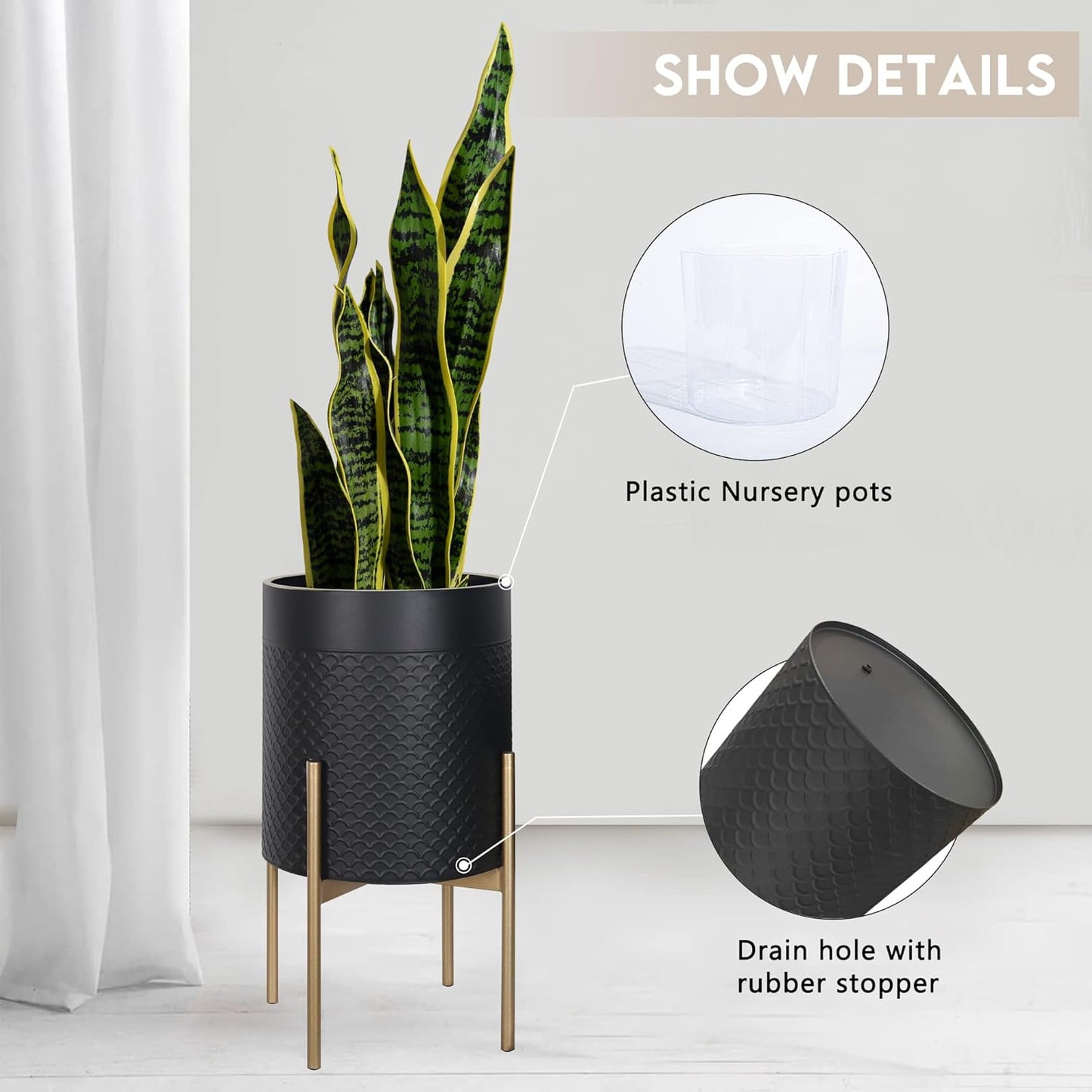 Oakrain Planters for Indoor Plants, Set of 2 Mid Century Modern Planter with Stand, Decorative Metal Planter Pots for Living Room, Office, Garden or Balcony, Black, 10"&12"
