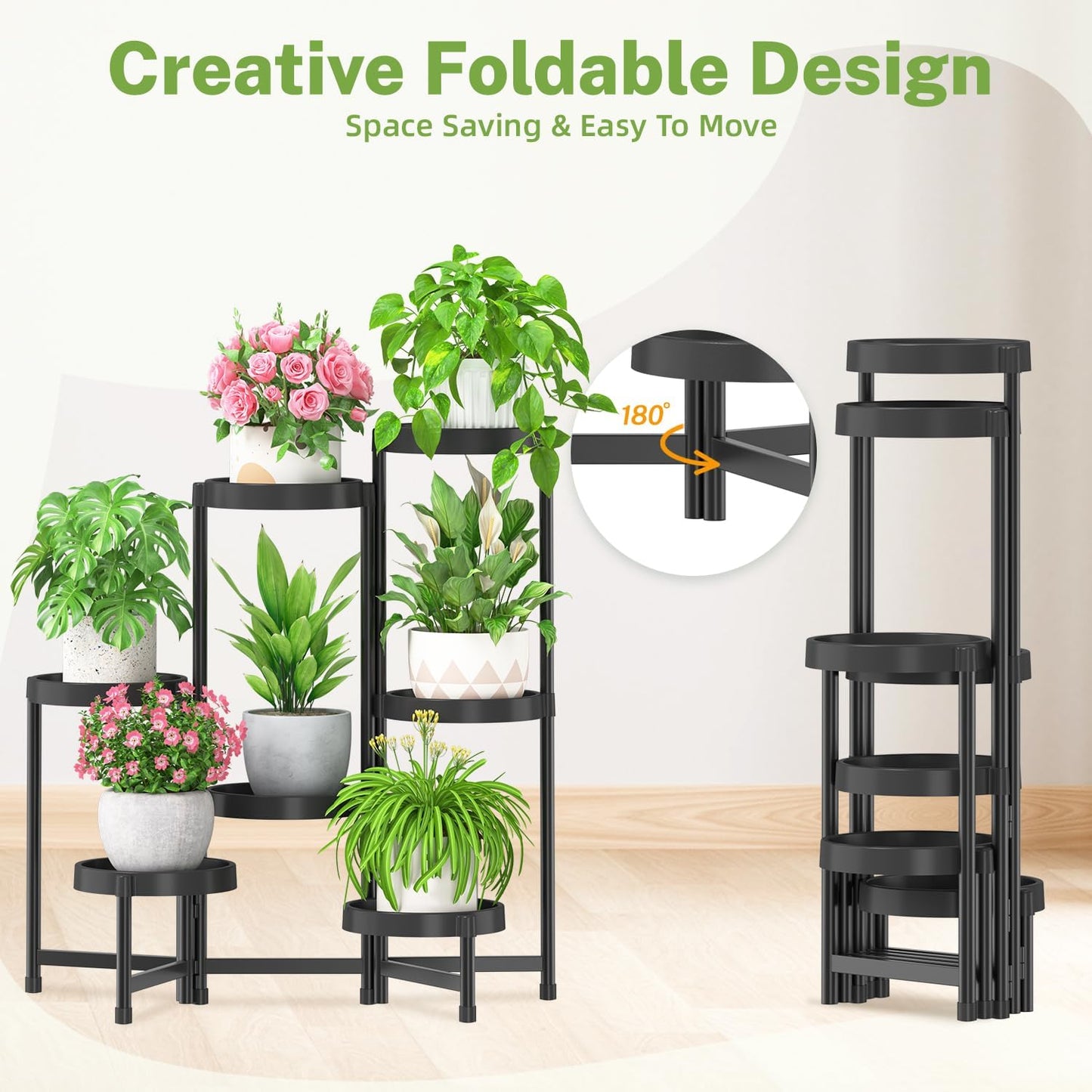iDavosic.ly 7 Tier Folding Plant Stand Indoor Outdoor with Plastic Tray, Tiered Corner Flower Holder Shelf, Metal Orchid Display Rack for Patio Porch Living Room Garden Balcony, Modern Black