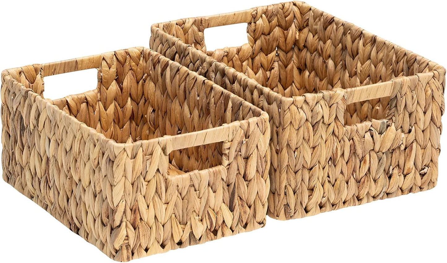 FairyHaus Wicker Baskets 15x11x7 & 13.4x9.5x6.5, 2 Pack Handmade Big Wicker Storage Basket with Handles, Natural Water Hyacinth Wicker Baskets for Storage Shelves Organizing, Rectangle Wicker Basket