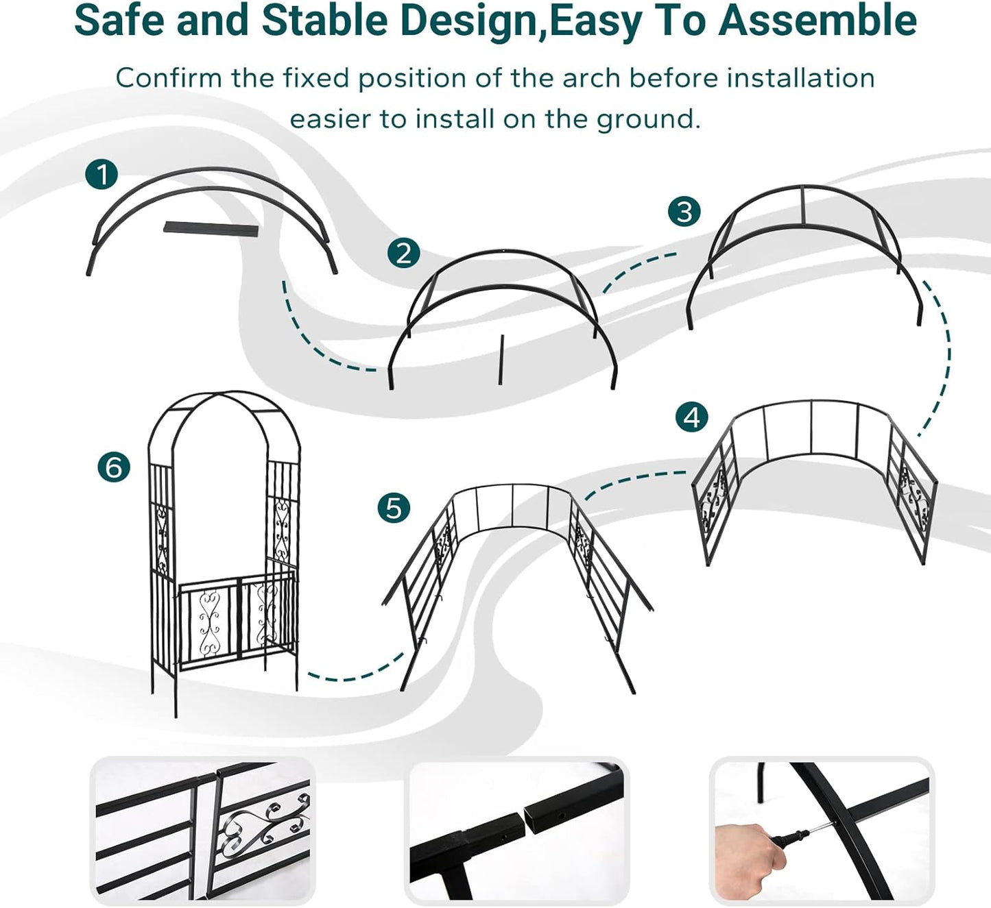 Heavy-Duty Arch with Gate, Iron Arbor Trellis Arbor Archway for Climbing Plants Roses Vines Support Rack, Outdoor Lawn Backyard Patio Wedding Party Ceremony Decoration