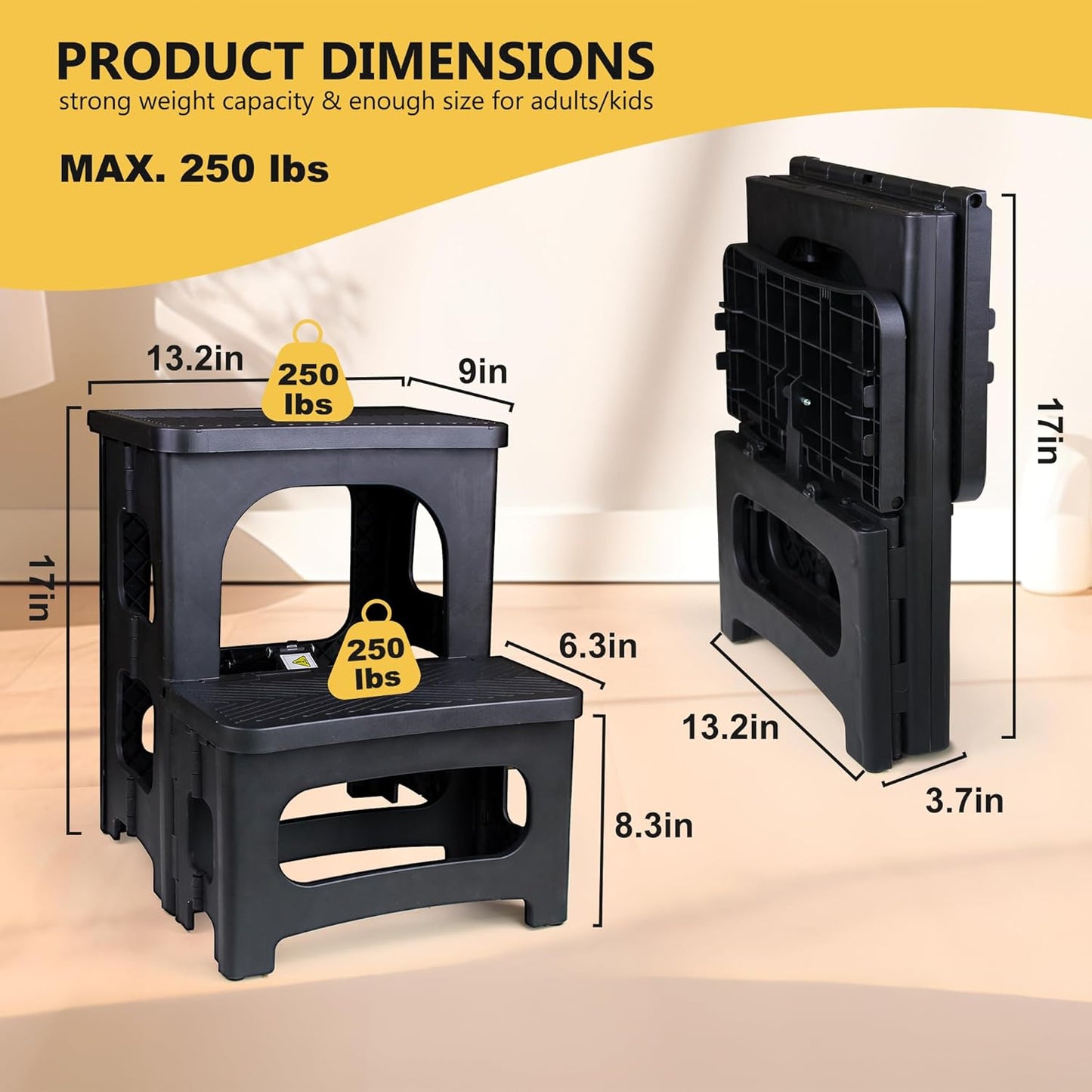 Amoise Folding 2-Step Stool, Non-Slip Portable Footstool 8'' & 17'' Dual Heights, Holds 300 lbs, Portable Footstool for Kitchen Home Toilet Bedroom Office Bathroom RV(Black)