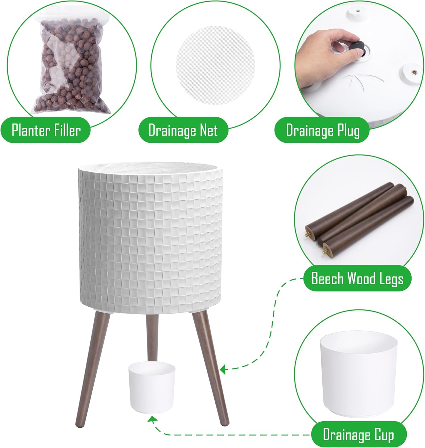 D'vine Dev 14 Inch Modern Geometric Tile Patterned Sleek Planter Pot with Stand, Indoor Outdoor Decorative Plant Holder, Matte White, 88-Z-D-1