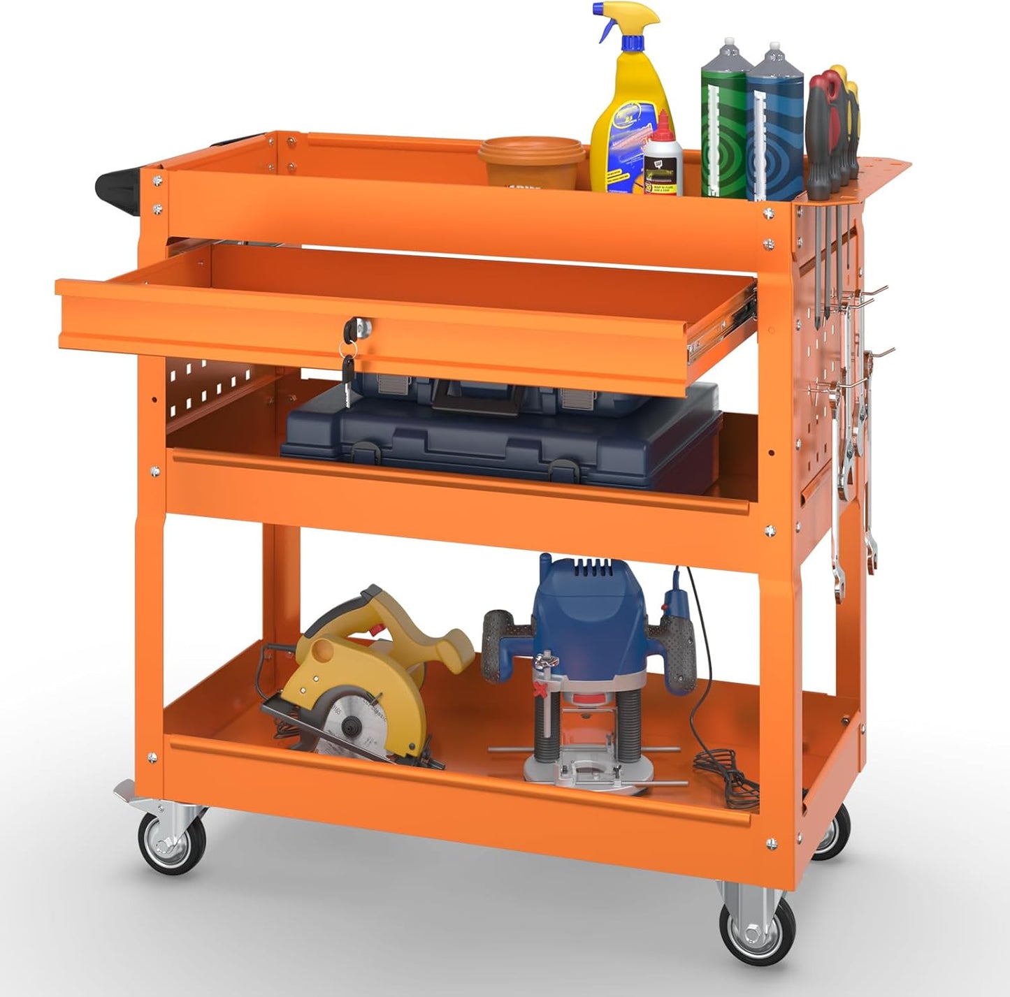 3 Tier Rolling Tool Cart on Wheels with Locking Drawer - Metal Service Cart Industrial Utility Cart for Mechanic - 350 LBS Mobile Storage Organizer for Garage, (Orange)