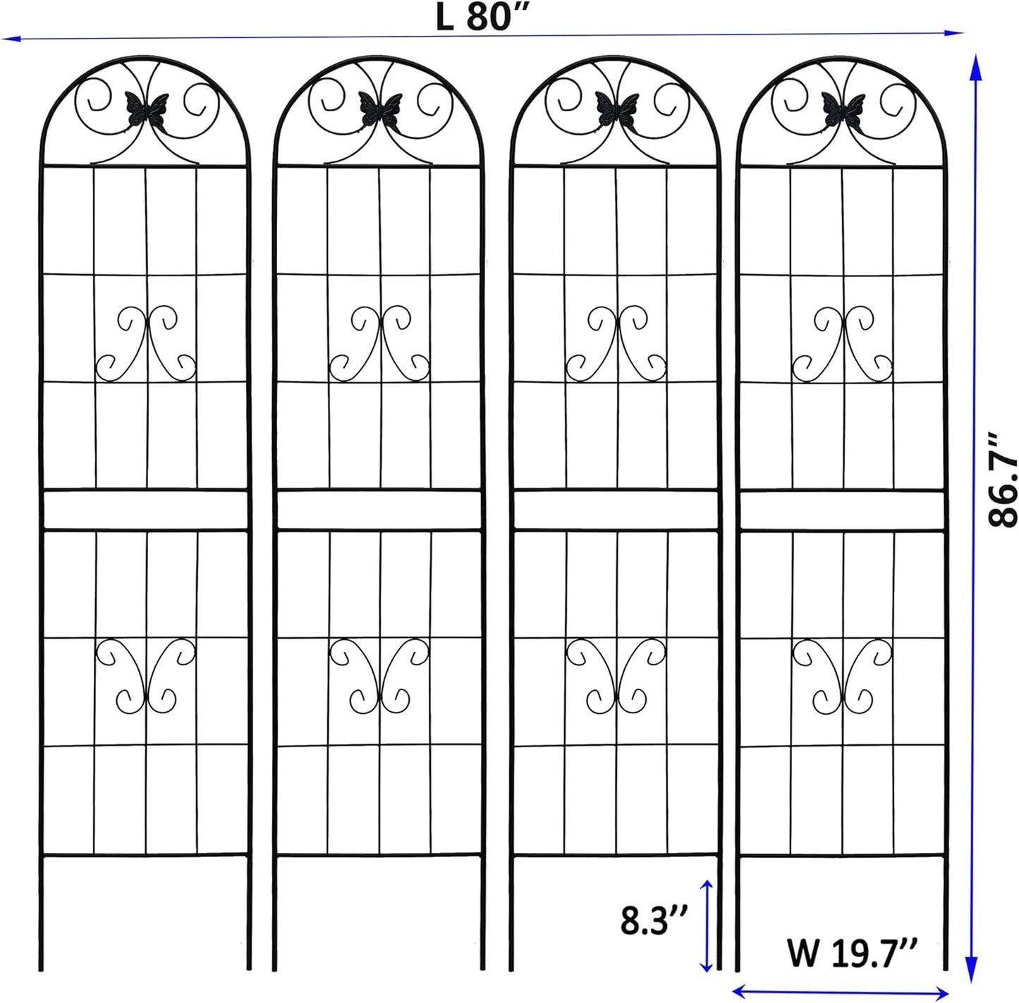4 Pack Metal Garden Trellis 86.7" Tall Outdoor Climbing Plant Support for Roses, Flowers, Rustproof Durable Black Galvanized Tube, Lawn Garden Fence Decor Screen (4pcs, 86.7" H)