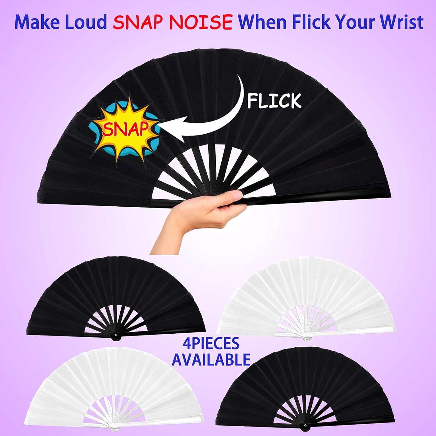 Blulu 4 Pcs 13 Inch Large Folding Hand Fans for Line Dancing Big Clapping Popping Raves Fans Bulk for Dancing Boots on The Ground Festival Party Decoration(Classic Style, Black, White)