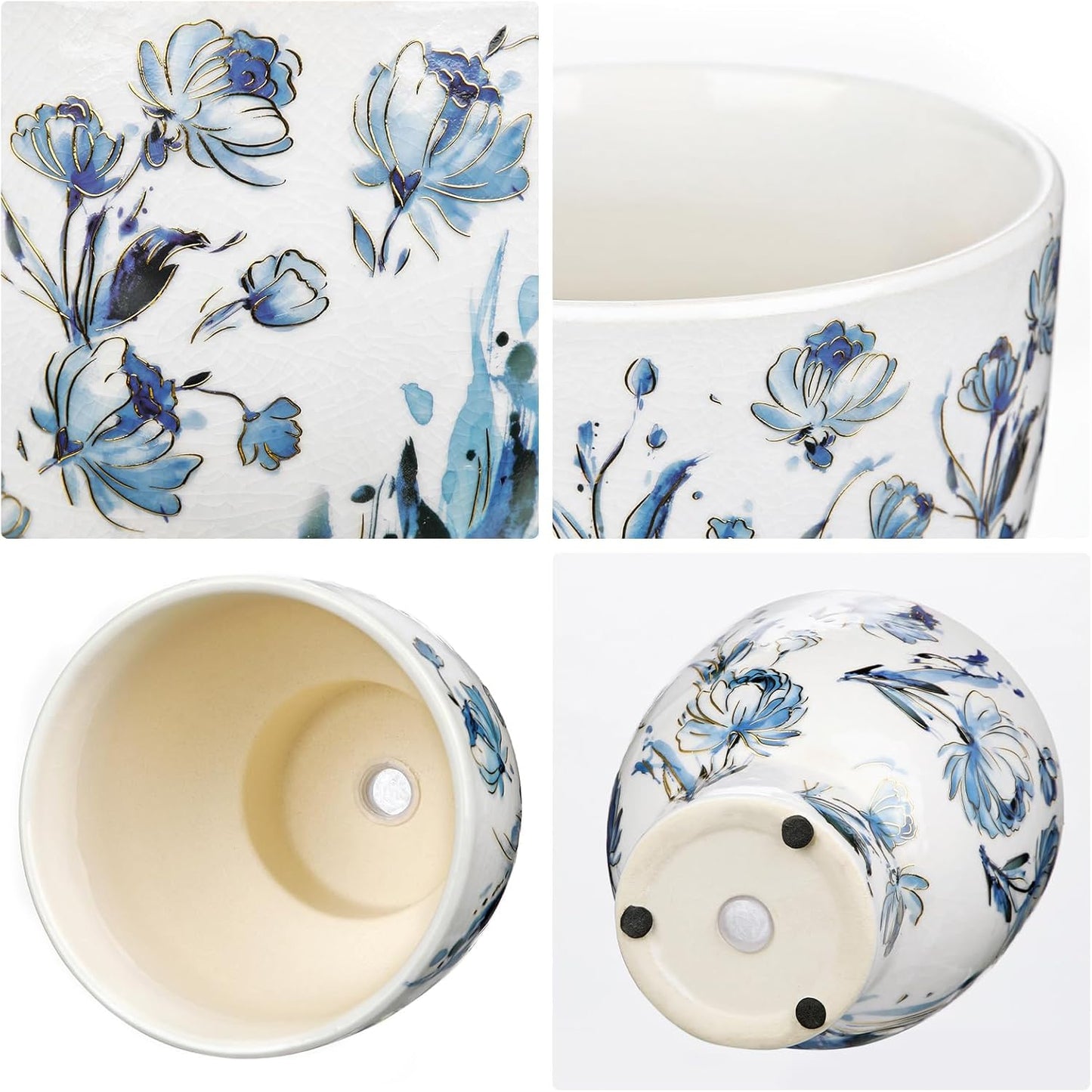 5.5 Inch Decorative Flower Pots, Blue and White Plant Pot Gold Accent Ceramic Planters for Indoor Plants Pots with Drainage Retro Planter Pot for Succulents Cactus Herb Snake Plants Outdoor Garden