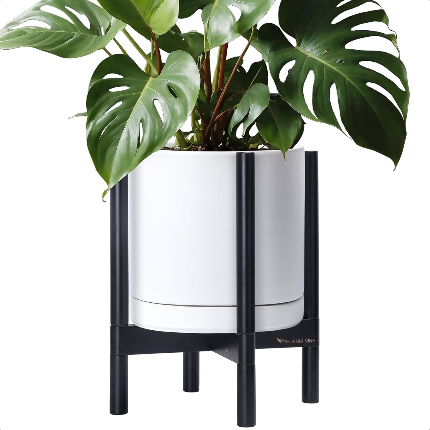 D'vine Dev Ceramic Planter with Ebony Stand - 12 Inch Modern Round Flower Pot with Wood Planter Holder, White, 55-B-H-1